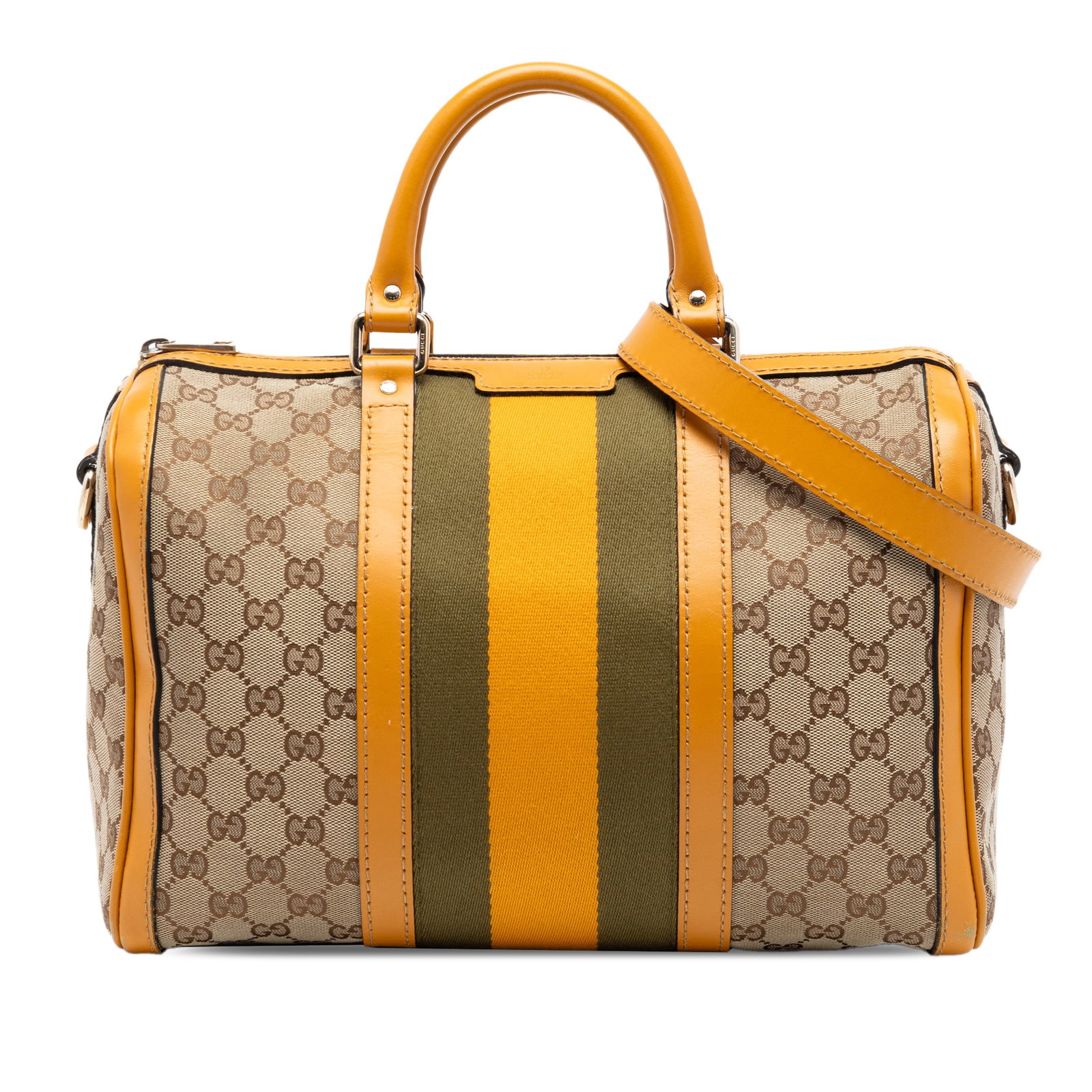 Gucci GG Canvas Joy Boston Bag with Leather Trim: Gucci GG Canvas Joy Boston Bag with Leather Trim This Gucci Medium GG Canvas Web Joy Boston Bag features a beige canvas body with leather trim, rolled leather handles, and a detachable flat leather st