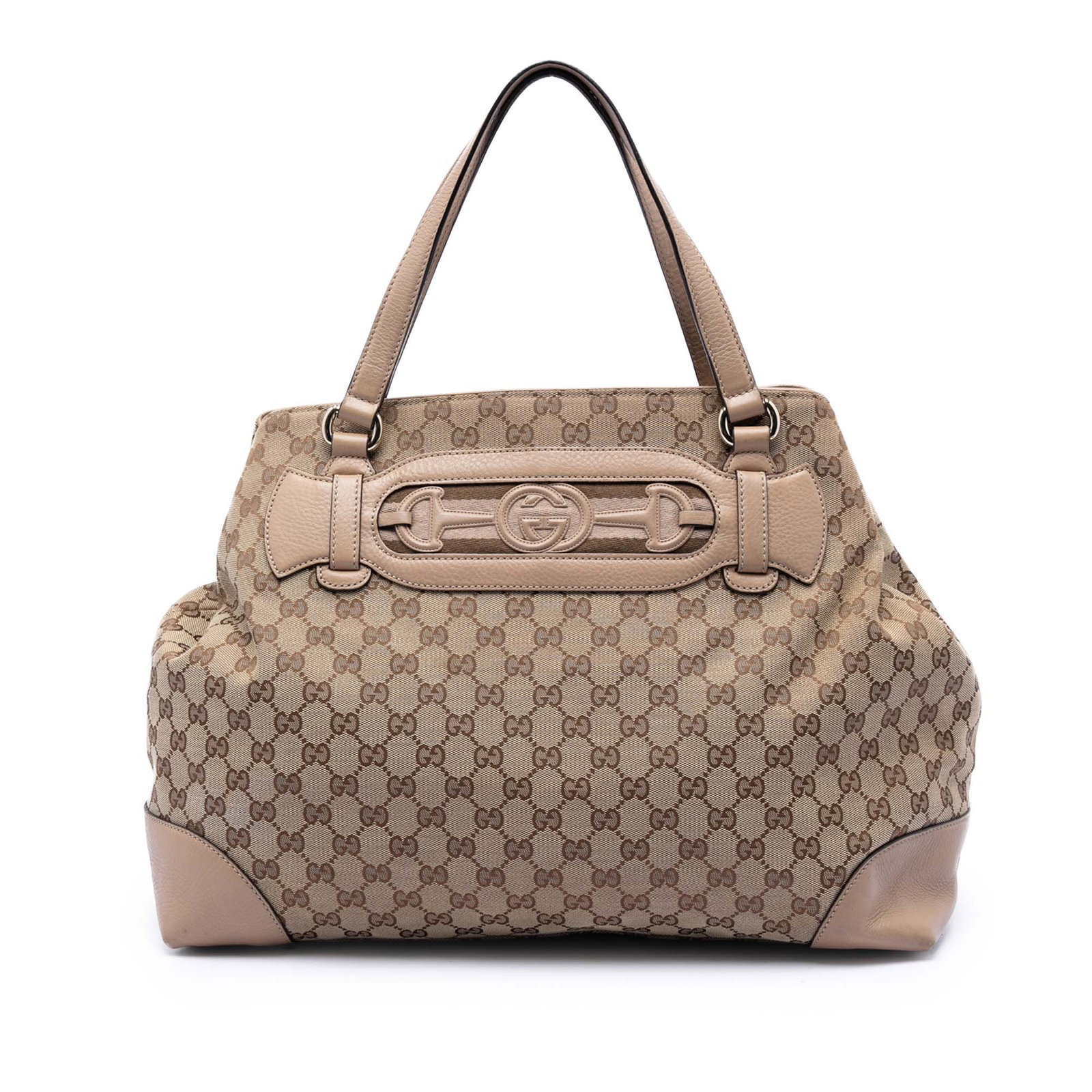 Gucci Dressage Beige Canvas Tote with Leather Trim: Gucci Dressage Beige Canvas Tote with Leather Trim This Gucci GG Canvas Web Dressage Tote features a beige fabric body with leather trim, flat leather handles, and an open top secured by a magnetic sn