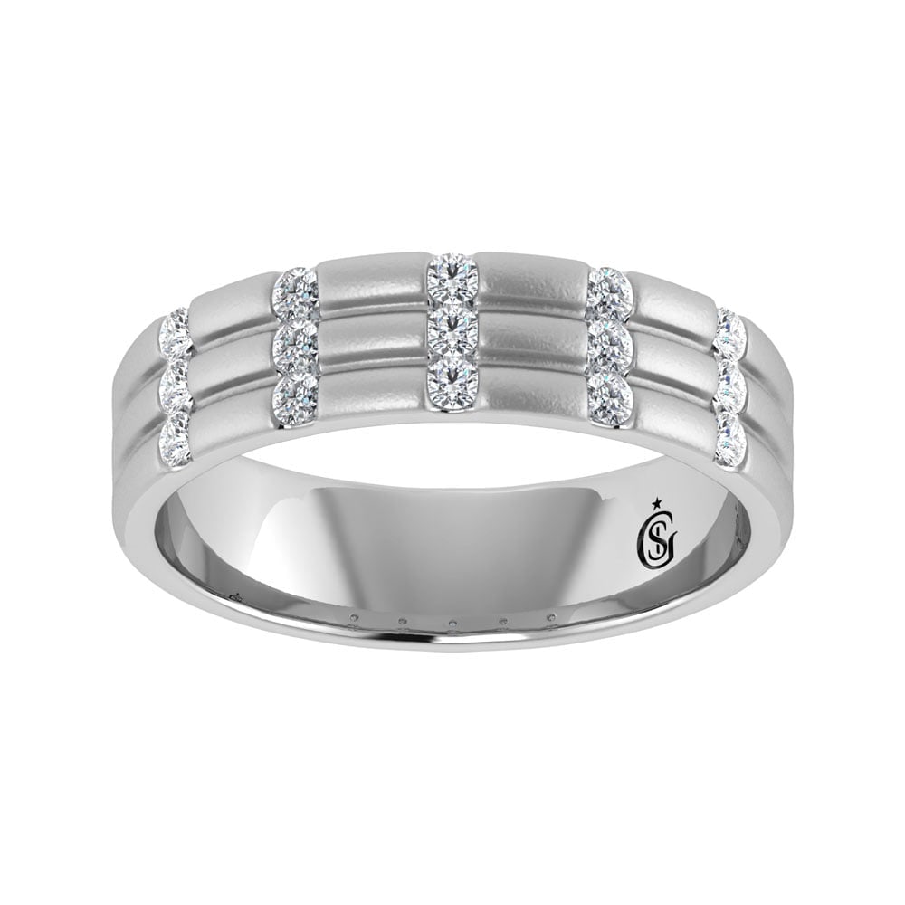 14K White Gold Diamond 1/3.Ct. Tw. Mens Machine Band: 14K White Gold Diamond 1/3.Ct. Tw. Mens Machine Band 14k White Gold Stone Color: G-h Stone Clarity: Si2 Each ring is presented in standard size 6.5. Complimentary resizing is available between sizes 5