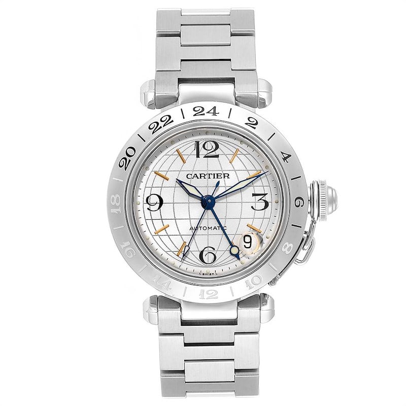 Cartier Pasha GMT Mens Stainless Steel Bracelet Silver Arabic Dial Ref 2377/W31029M7: Cartier Pasha GMT Mens Stainless Steel Bracelet Silver Arabic Dial Ref 2377/W31029M7 This Cartier Pasha GMT watch features a silver dial with Arabic numerals, complemented by a fixed bezel and a stain