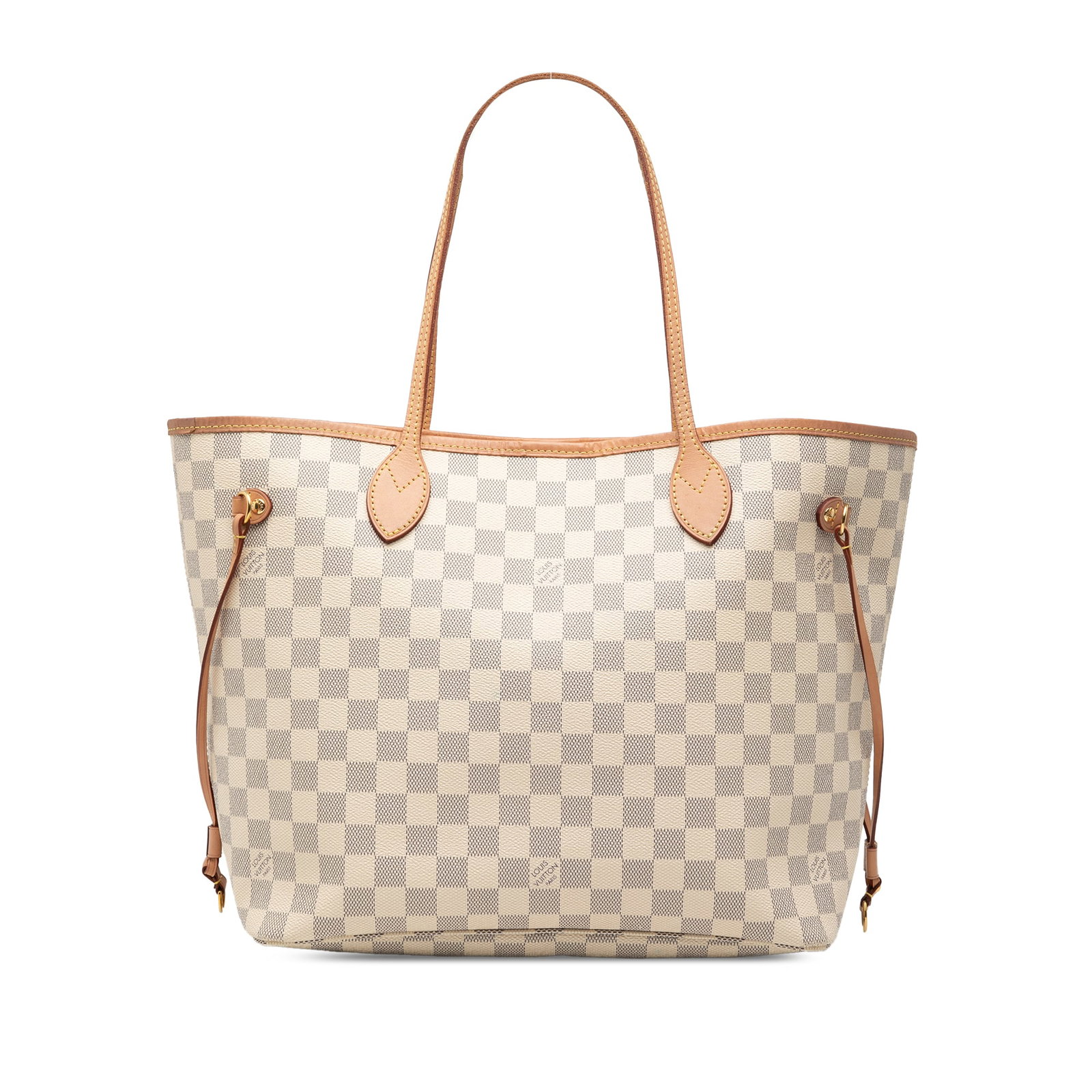 Neverfull MM Tote in Damier Azur Canvas with Vachetta Leather Trim: Neverfull MM Tote in Damier Azur Canvas with Vachetta Leather Trim The Louis Vuitton Damier Azur Neverfull MM is crafted from the signature Damier Azur canvas with vachetta leather trim and flat vache