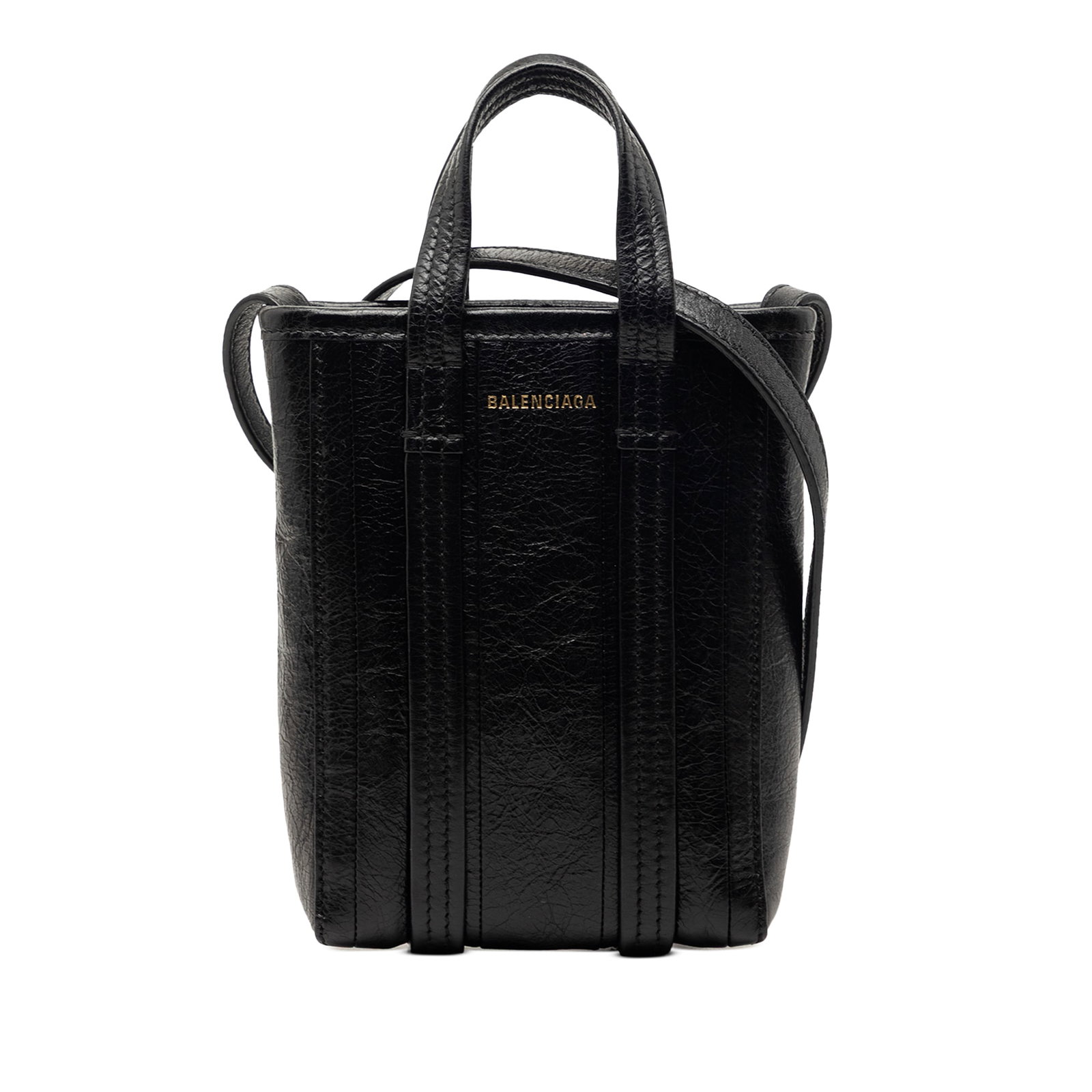 Balenciaga Mini Barbes Lambskin Shopper Bag Black: Balenciaga Mini Barbes Lambskin Shopper Bag Black This Balenciaga Mini Lambskin Barbes North South Shopper Bag features a black lambskin leather body with flat leather handles and a detachable flat le
