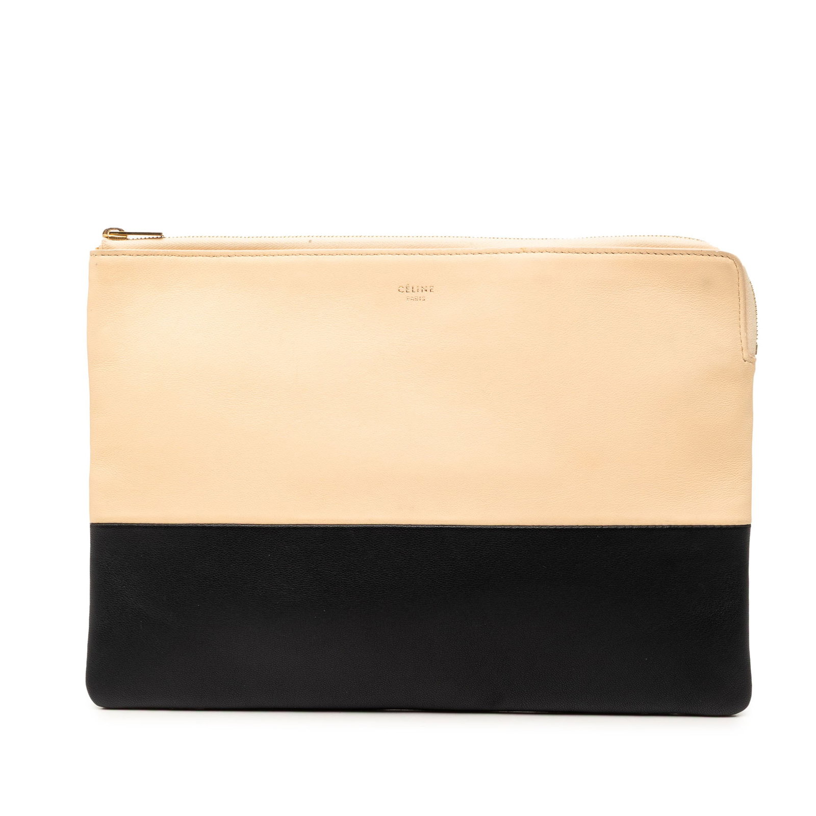 Celine beige bicolor leather top zip clutch: Celine beige bicolor leather top zip clutch This Celine Bicolor Leather Solo Clutch features a two-tone leather exterior, a top zip closure, and interior slip pockets for organized storage. The bag sh