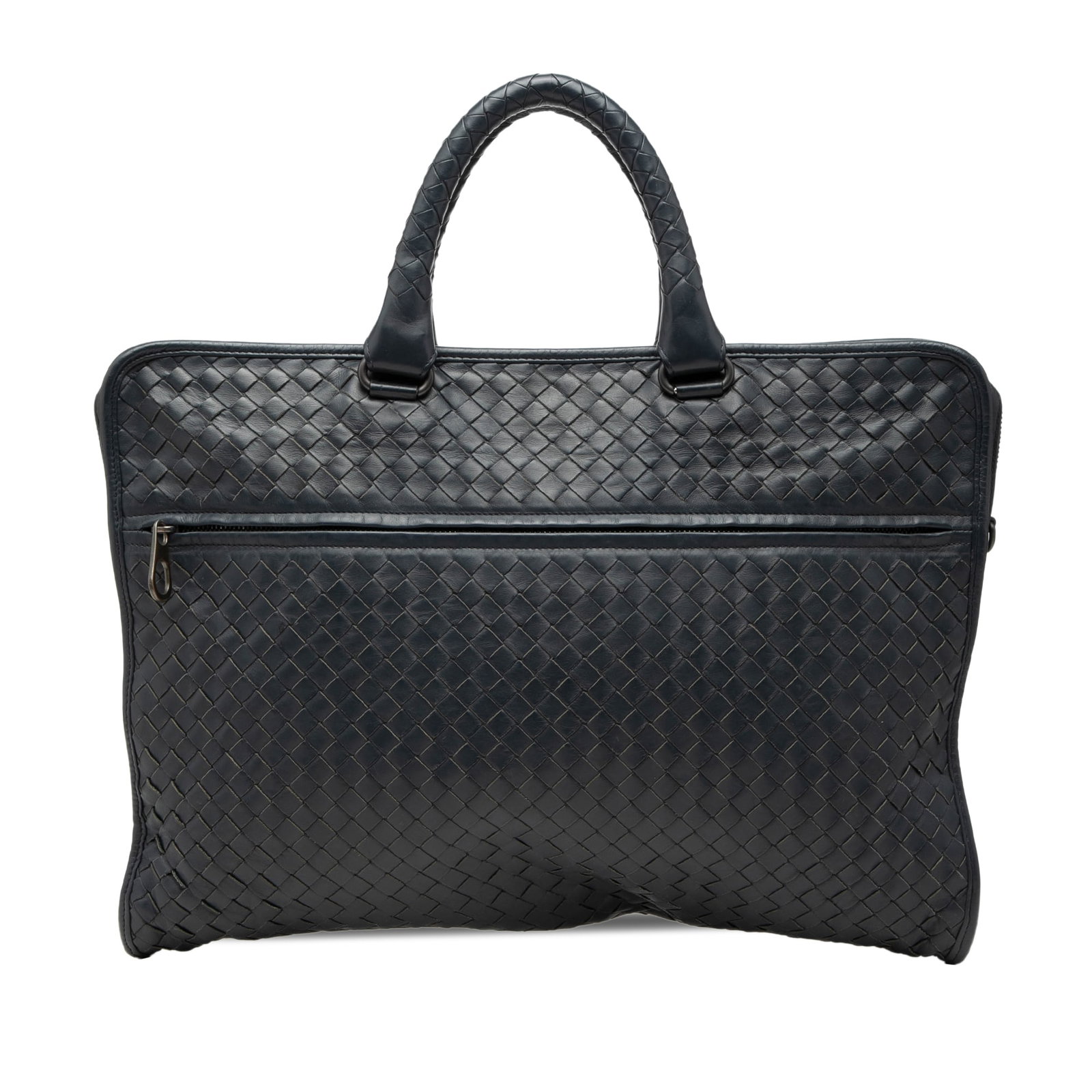 Bottega Veneta Blue Leather Intrecciato Briefcase Bag: Bottega Veneta Blue Leather Intrecciato Briefcase Bag This Bottega Veneta Nappa Intrecciato Business Bag is crafted from woven leather in a blue hue and features rolled handles, a top zip closure, an 
