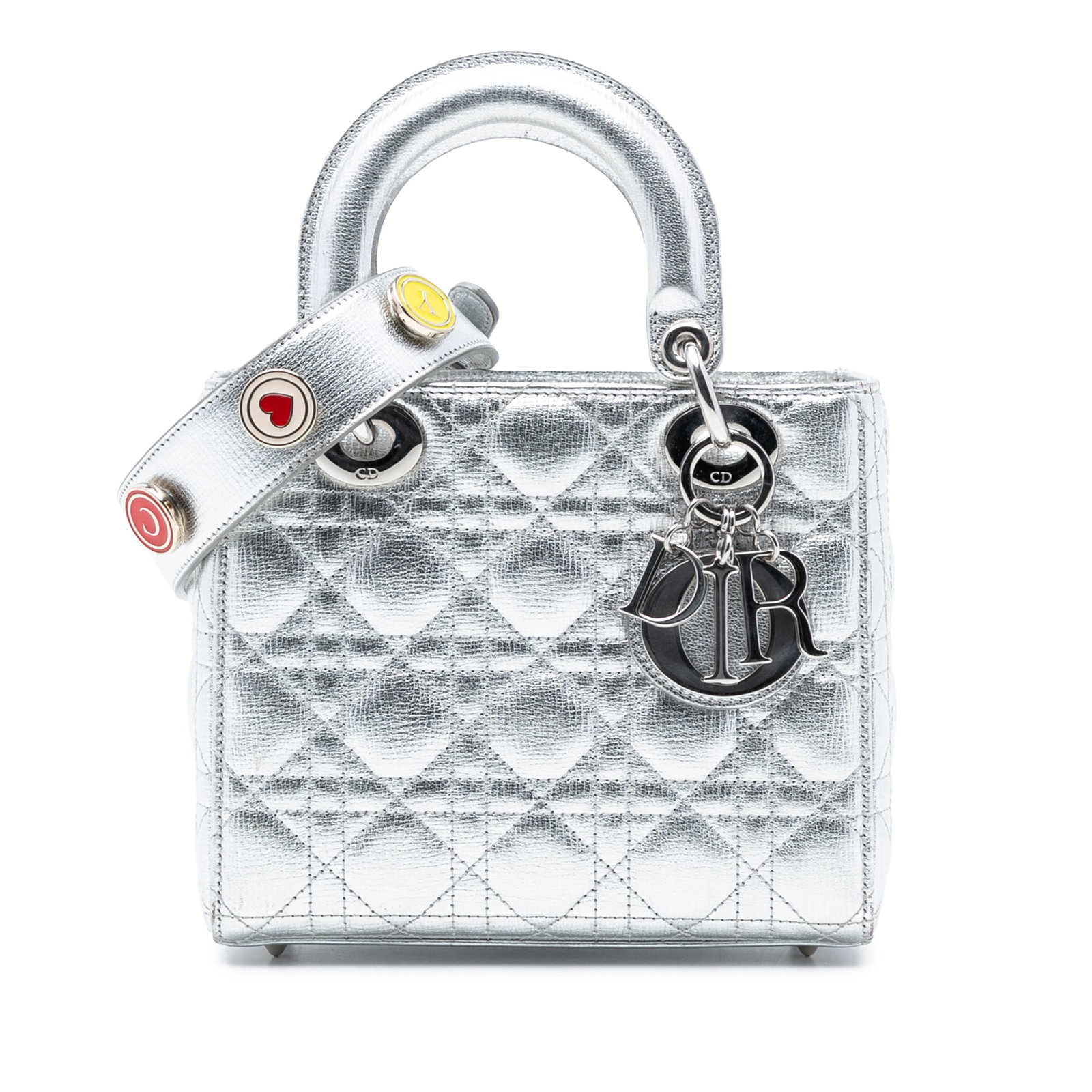 Dior Lady Dior Small Silver Quilted Leather My ABCDior Cannage Bag: Dior Lady Dior Small Silver Quilted Leather My ABCDior Cannage Bag This Small Metallic Grained Calfskin Cannage My ABCDior Lady Dior bag features a quilted leather body in silver, flat leather handles
