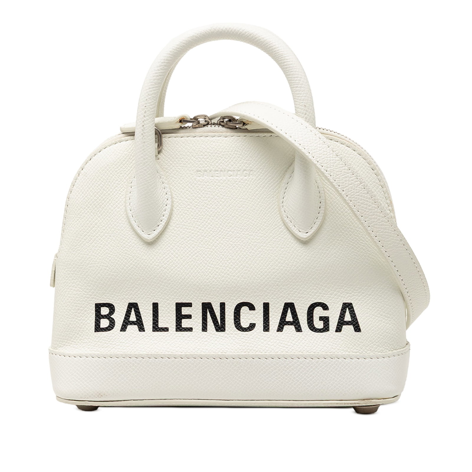 Balenciaga Ville XXS white leather top handle bag: Balenciaga Ville XXS white leather top handle bag This Balenciaga XXS Calfskin Ville Top Handle Bag features a white leather body with rolled leather handles and a detachable flat leather strap. It is