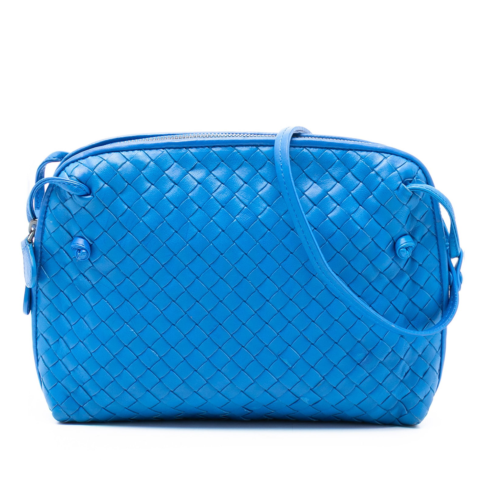 Bottega Veneta Nodini blue nappa leather crossbody bag: Bottega Veneta Nodini blue nappa leather crossbody bag This Bottega Veneta Nappa Intrecciato Nodini Crossbody bag features a woven nappa leather exterior in blue, complemented by a flat leather strap.