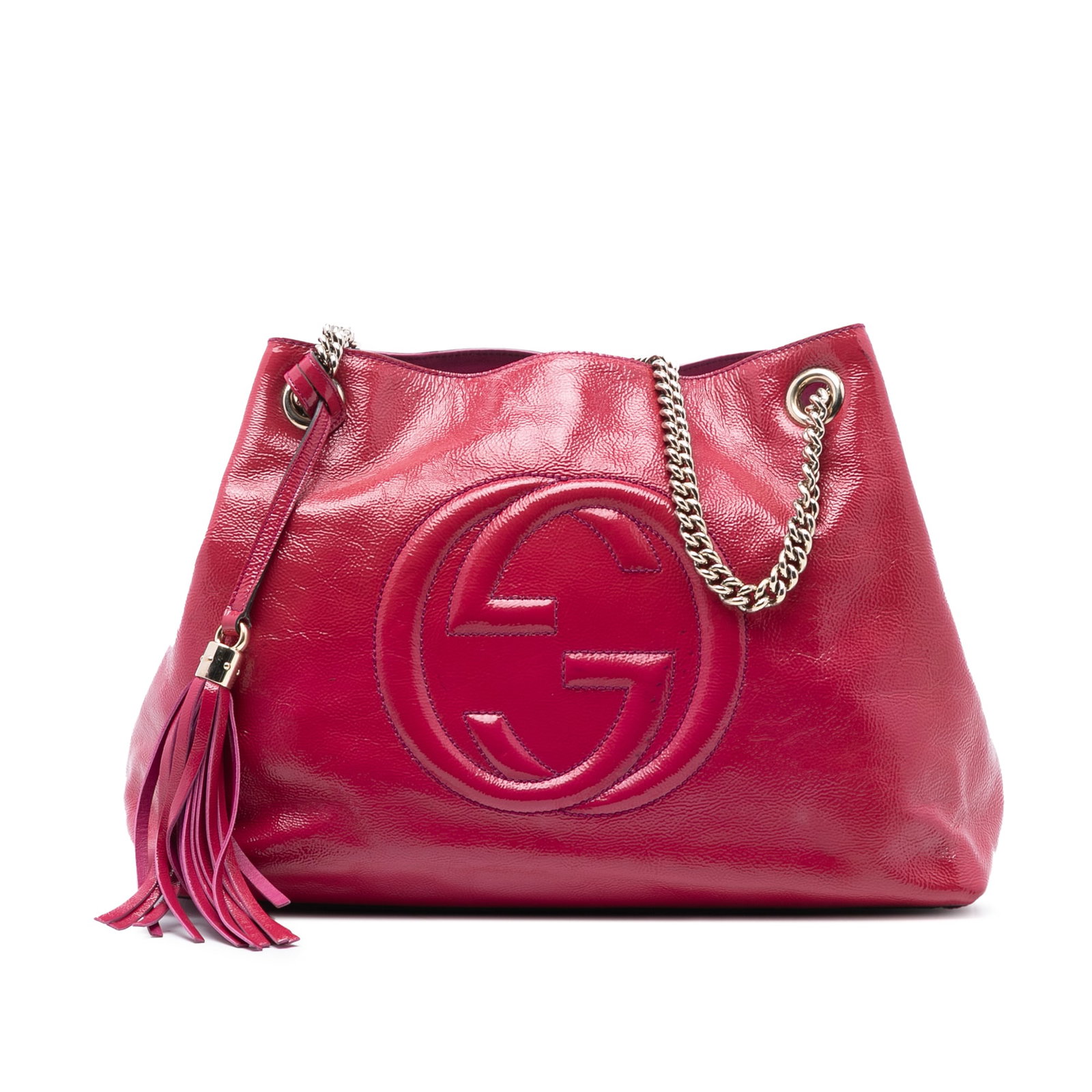 Pink Patent Leather Soho Chain Tote Bag by Gucci Medium Size: Pink Patent Leather Soho Chain Tote Bag by Gucci Medium Size This Gucci Medium Patent Soho Chain Tote features a pink patent leather body with chain link straps and leather shoulder guards. The bag is