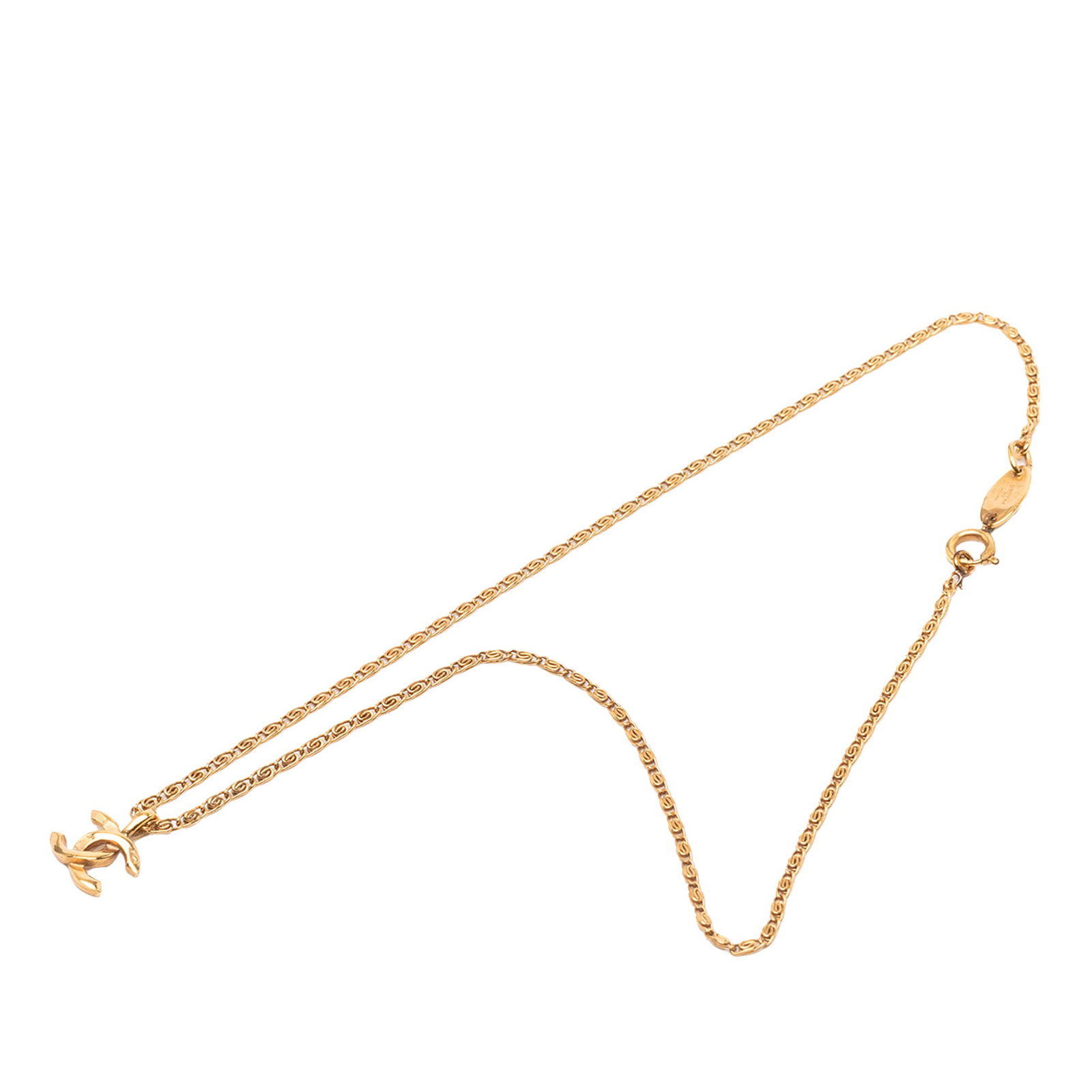 Chanel Metal Necklace with Gold Tone CC Pendant French Costume Jewelry: Chanel Metal Necklace with Gold Tone CC Pendant French Costume Jewelry This Chanel necklace features a gold-tone metal pendant with the iconic CC logo, suspended from a matching gold-tone chain with a