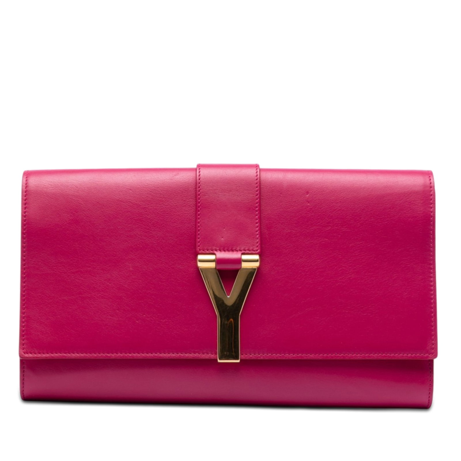 Saint Laurent pink leather clutch with Y hardware: Saint Laurent pink leather clutch with Y hardware This Saint Laurent Chyc Ligne clutch features a pink leather body with a front flap accented by gold-tone 'Y' hardware and a magnetic snap closure. Th