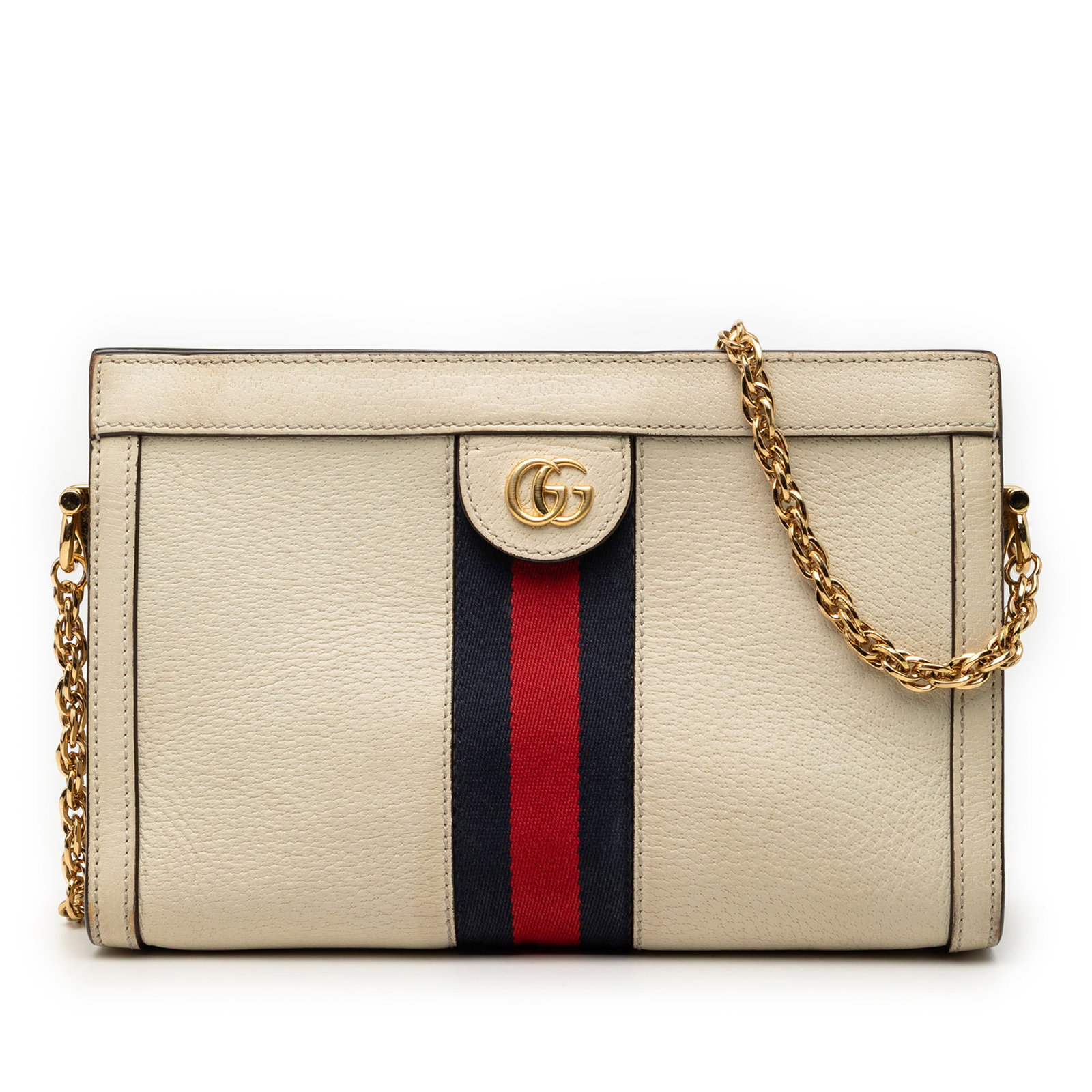 Gucci Ophidia Small White Leather Chain Crossbody Bag: Gucci Ophidia Small White Leather Chain Crossbody Bag This Gucci Small Calfskin Ophidia Chain Crossbody features a white leather body, a chain link shoulder strap, magnetic snap button closures, and a