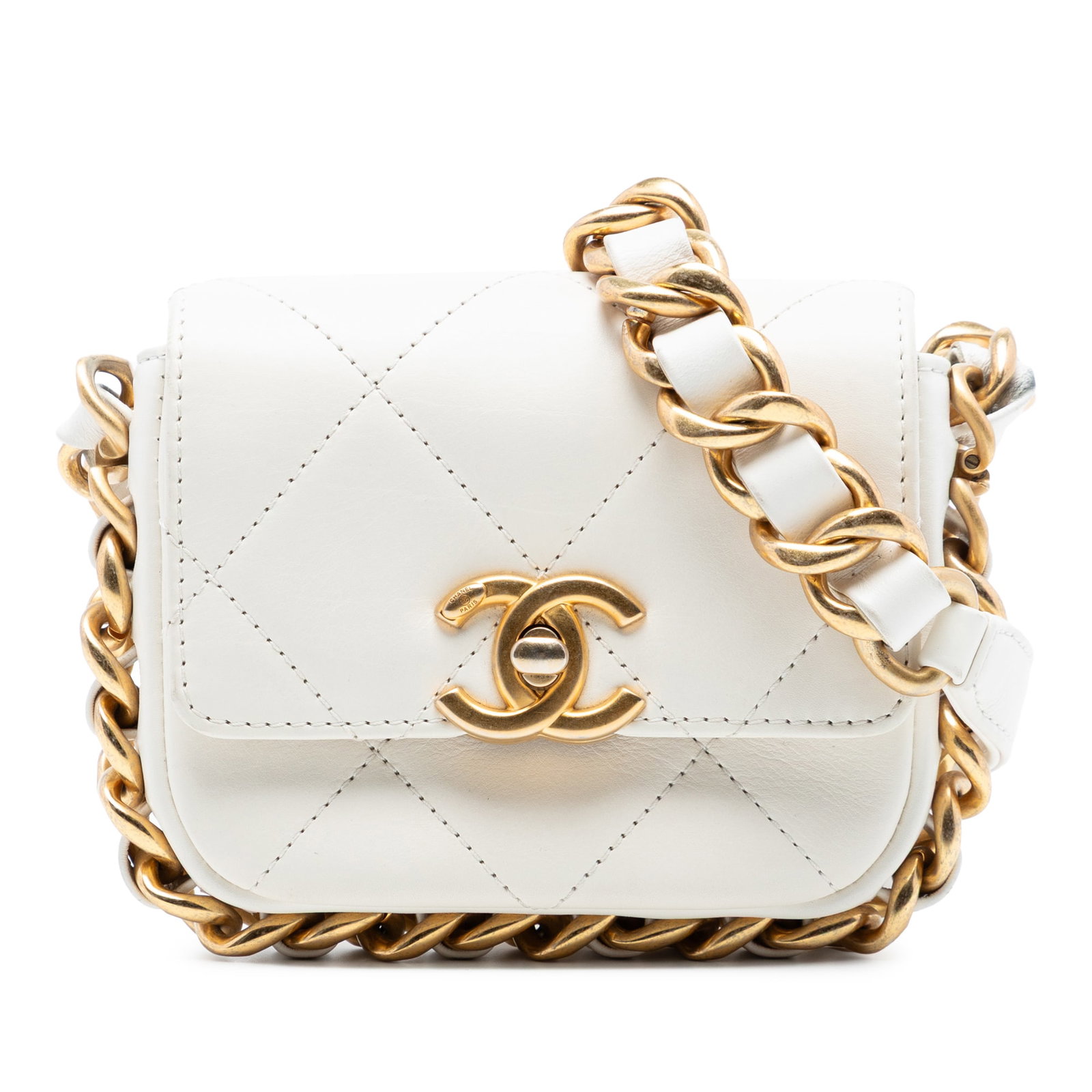 Chanel white quilted calfskin mini flap crossbody bag: Chanel white quilted calfskin mini flap crossbody bag This Chanel Mini Quilted Calfskin Framing Chain Flap bag features a quilted leather exterior in white, complemented by a leather-woven chain link 