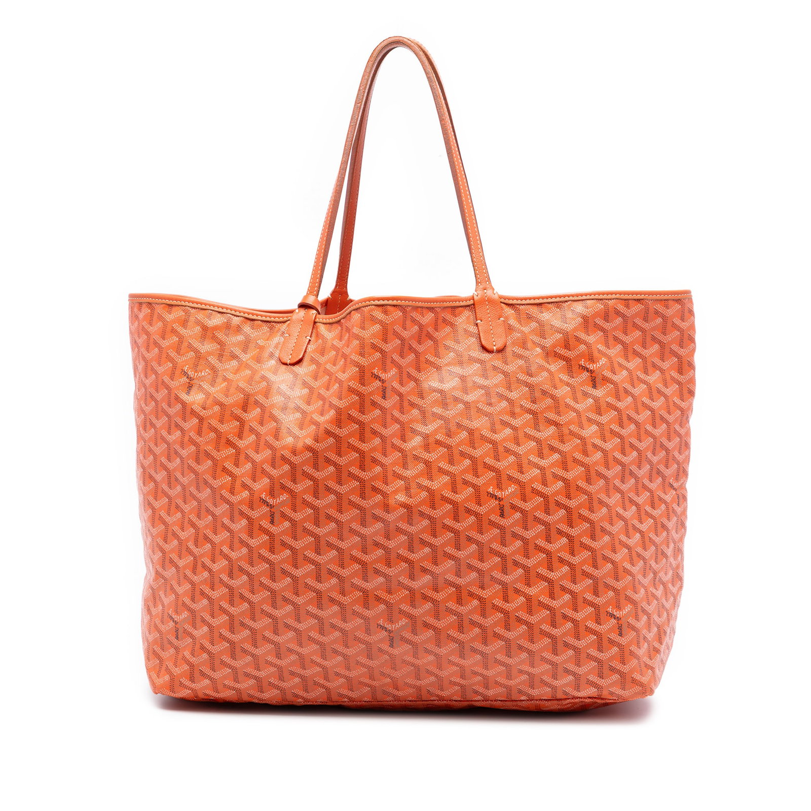 Goyard Saint Louis GM Orange Tote with Pouch in Coated Canvas: Goyard Saint Louis GM Orange Tote with Pouch in Coated Canvas The Goyardine Saint Louis GM is an orange tote bag featuring a coated canvas body, flat leather shoulder straps, an open top, and an inclu