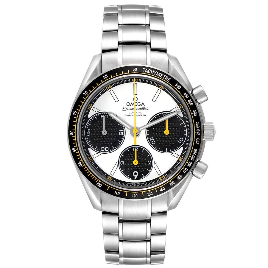Omega Speedmaster Racing Panda White Dial Steel Bracelet Card: Omega Speedmaster Racing Panda White Dial Steel Bracelet Card This Omega Speedmaster Racing Panda features a striking white dial and is presented on a stainless steel bracelet. The watch is equipped w