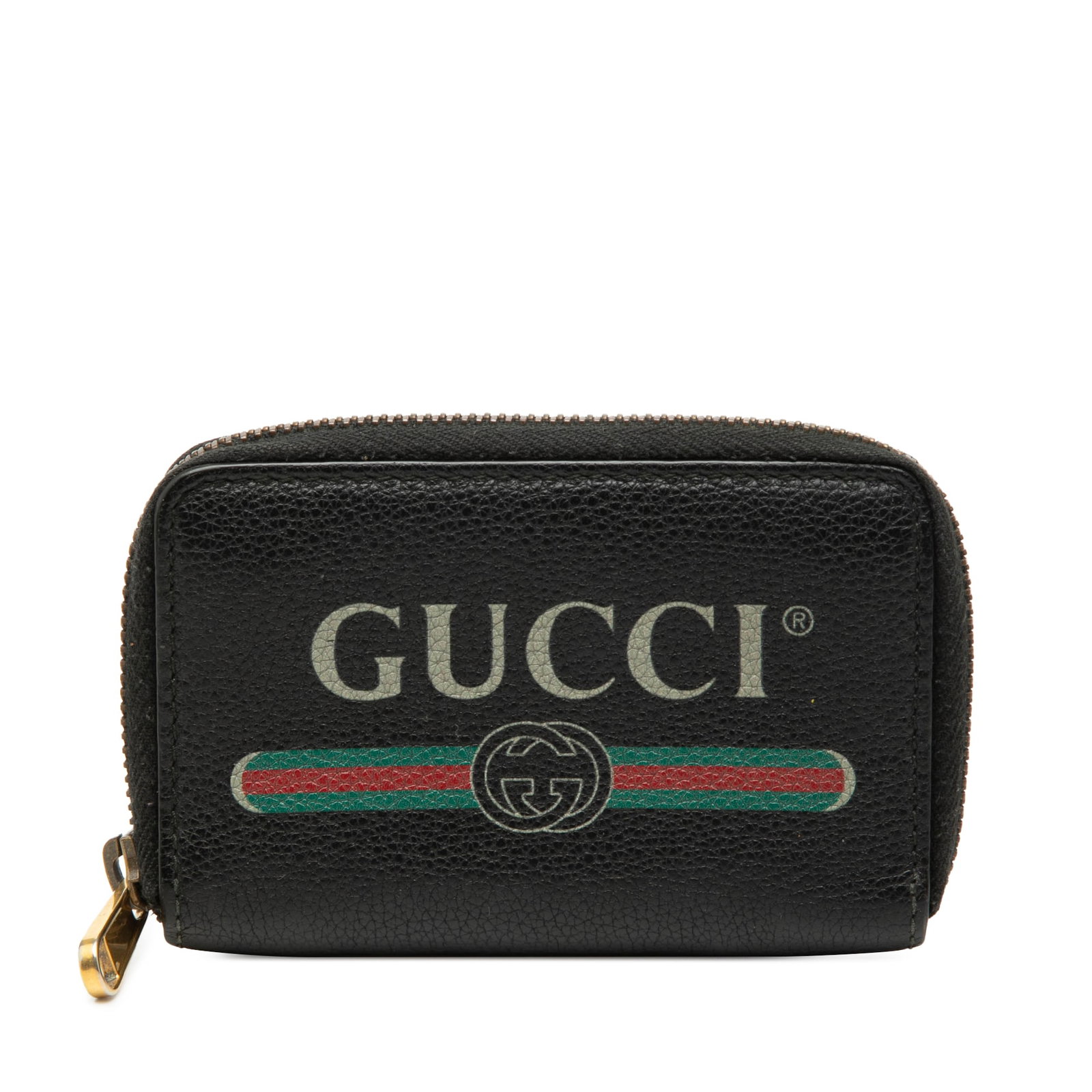 Gucci black calfskin zip coin pouch: Gucci black calfskin zip coin pouch This Gucci Grained Calfskin Logo Zip Around Coin Pouch is crafted from black leather and features a zip-around closure with interior slip compartments for organizin