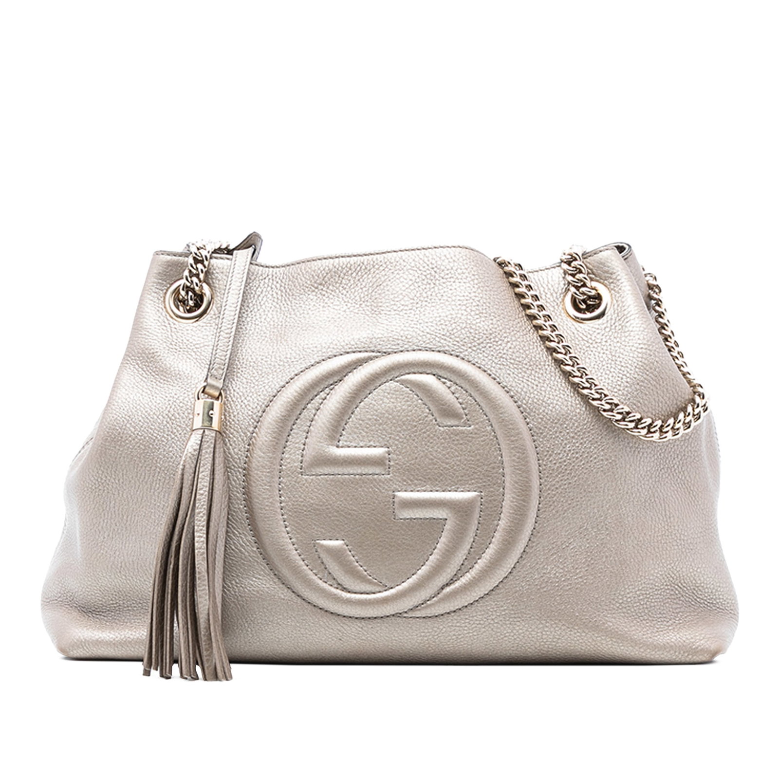 Gucci Metallic Calfskin Soho Chain Tote Gold Medium: Gucci Metallic Calfskin Soho Chain Tote Gold Medium This Gucci Medium Metallic Calfskin Soho Chain Tote features a gold leather body with a metallic finish, curb chain straps with leather guards, an o
