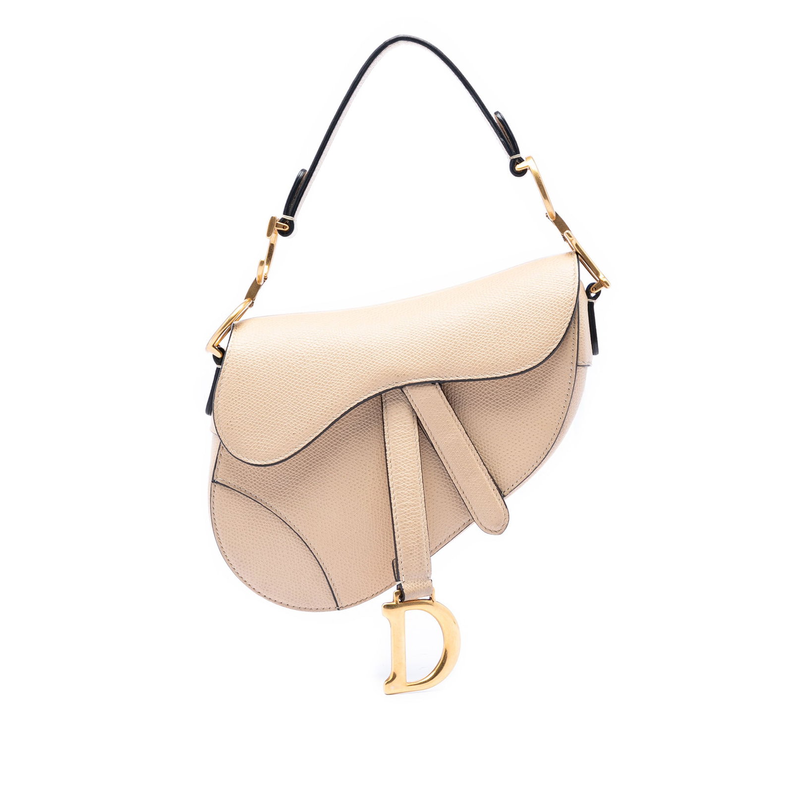 Dior Mini Saddle Bag Grained Calfskin Beige: Dior Mini Saddle Bag Grained Calfskin Beige This Dior Mini Grained Calfskin Saddle Bag showcases a grained leather exterior in beige, complemented by a flat leather handle and a front flap with magnet