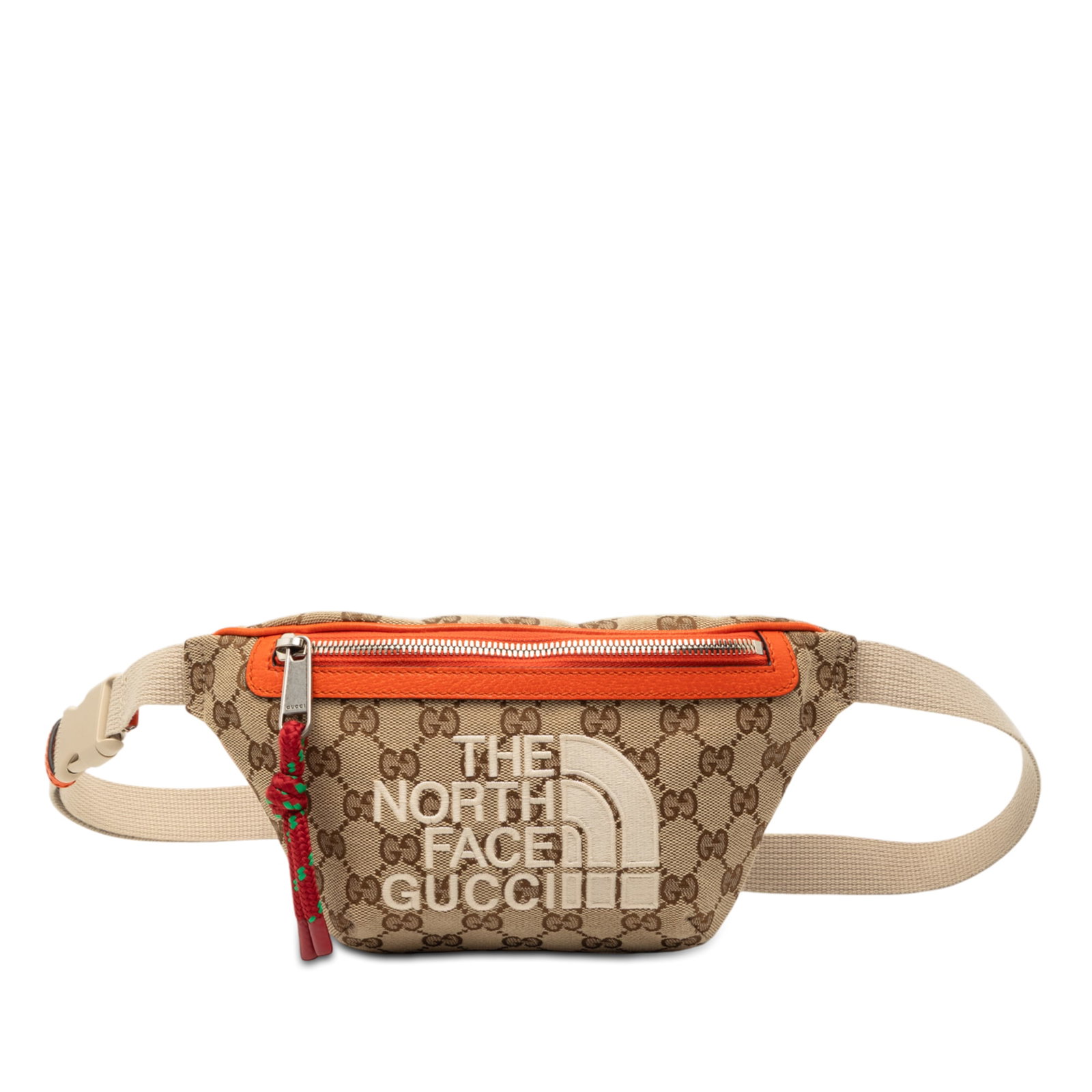 The North Face GG Canvas Beige Belt Bag by Gucci with Leather Trim: The North Face GG Canvas Beige Belt Bag by Gucci with Leather Trim This Gucci The North Face GG Canvas Belt Bag features a canvas body with leather trim, an adjustable flat nylon waist strap, and a fr