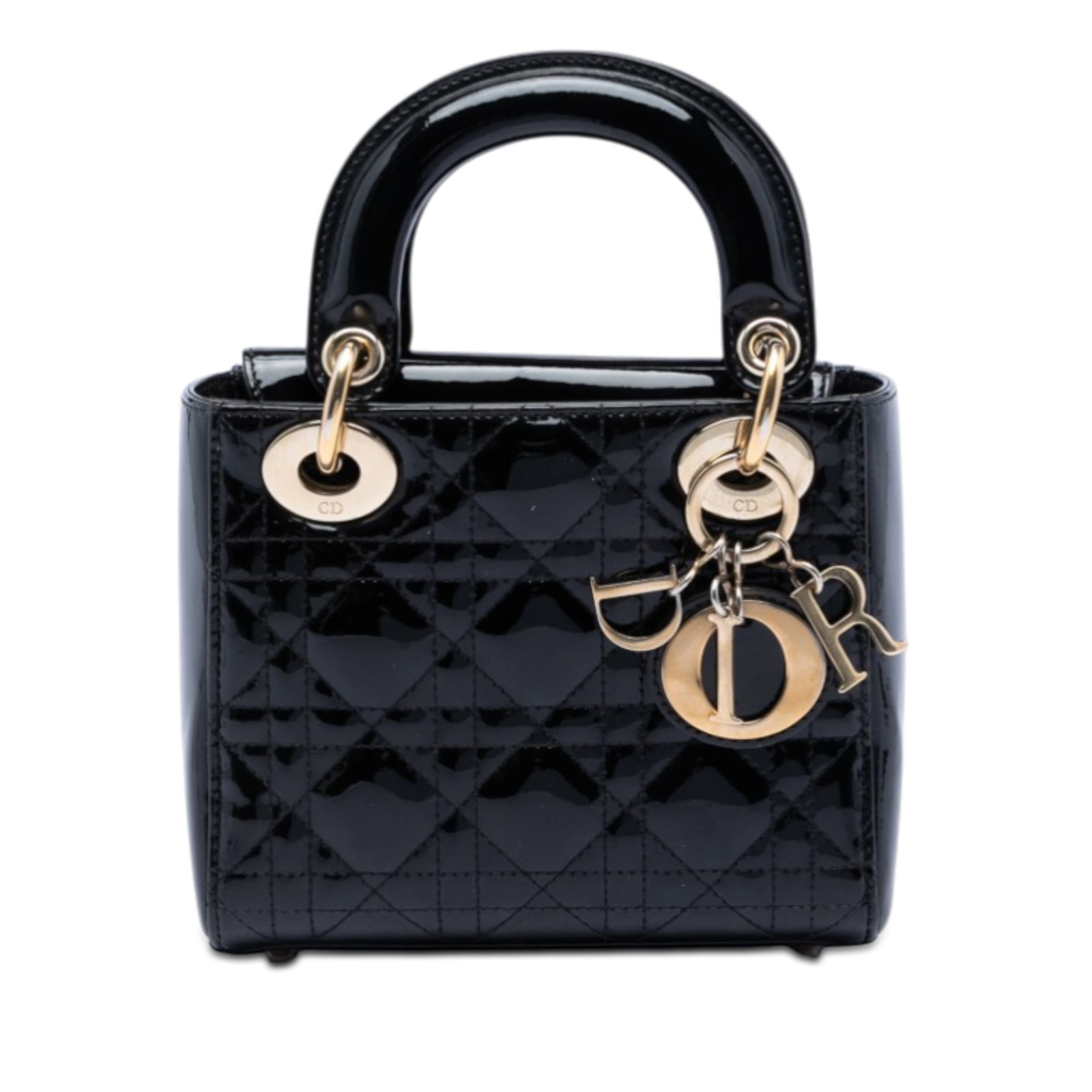 Dior Mini Patent Cannage Lady Dior black leather bag: Dior Mini Patent Cannage Lady Dior black leather bag This Mini Patent Cannage Lady Dior handbag showcases a quilted patent leather body in black, complemented by flat top handles and a top flap with m