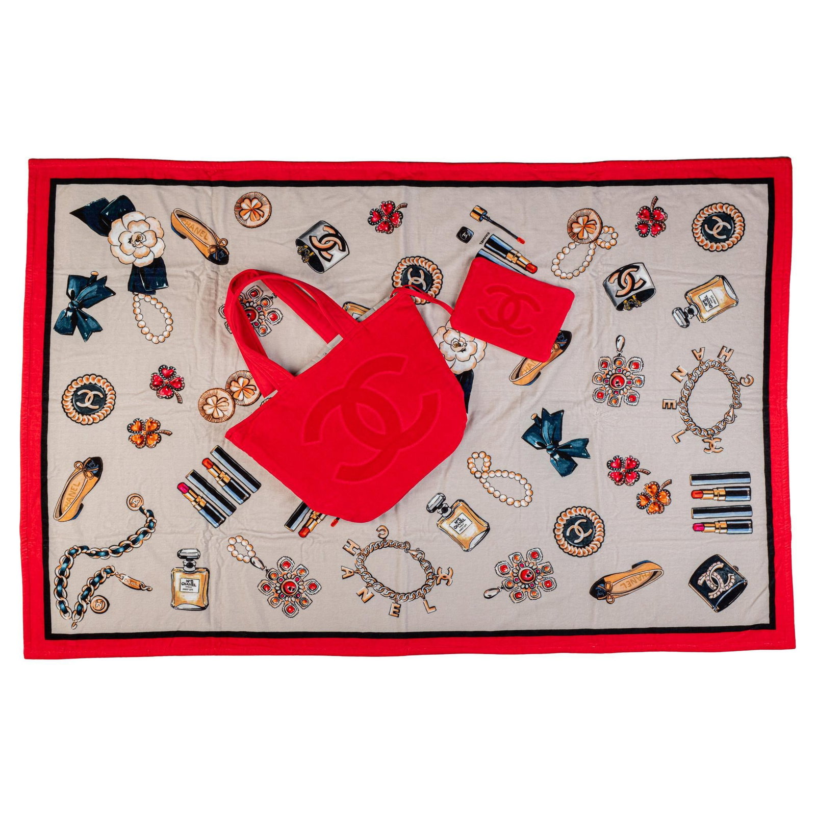 Chanel Red Beach Tote and Towel Set Iconic Design 100% Cotton: Chanel Red Beach Tote and Towel Set Iconic Design 100% Cotton Introducing the stunning Chanel Red Beach Towel and Tote Set, an iconic design that embodies luxury and functionality. This brand new set 