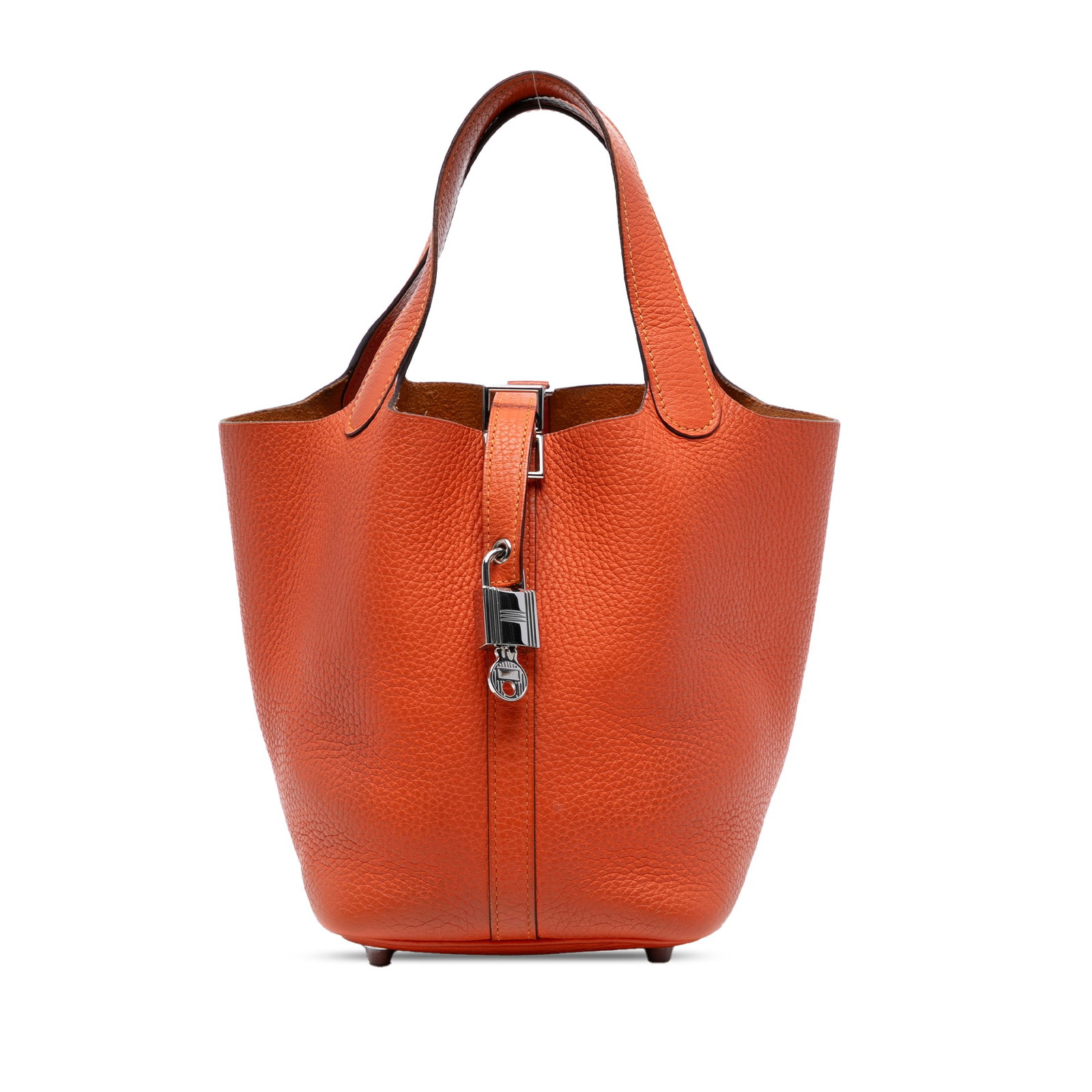 Hermes Clemence Picotin Lock 18 Orange Leather Bag: Hermes Clemence Picotin Lock 18 Orange Leather Bag The Hermes Clemence Picotin Lock 18 is a stylish bag crafted from luxurious Clemence leather in a vibrant Orange hue. This bag features flat leather 