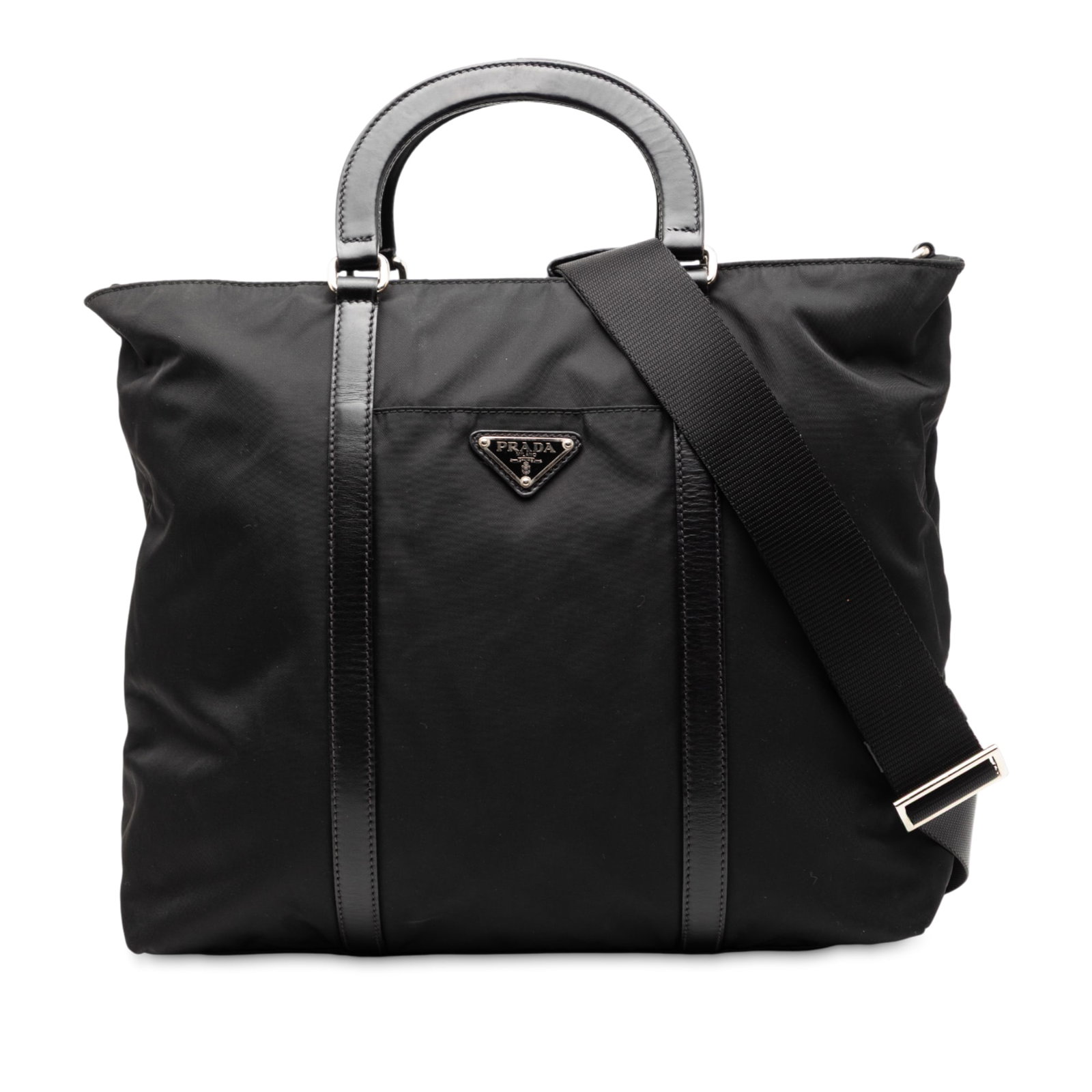 Black Prada Tessuto Nylon Satchel with Leather Trim and Detachable Strap: Black Prada Tessuto Nylon Satchel with Leather Trim and Detachable Strap This Prada Tessuto Satchel features a durable black nylon body with leather trim. It is designed with flat leather handles, a d