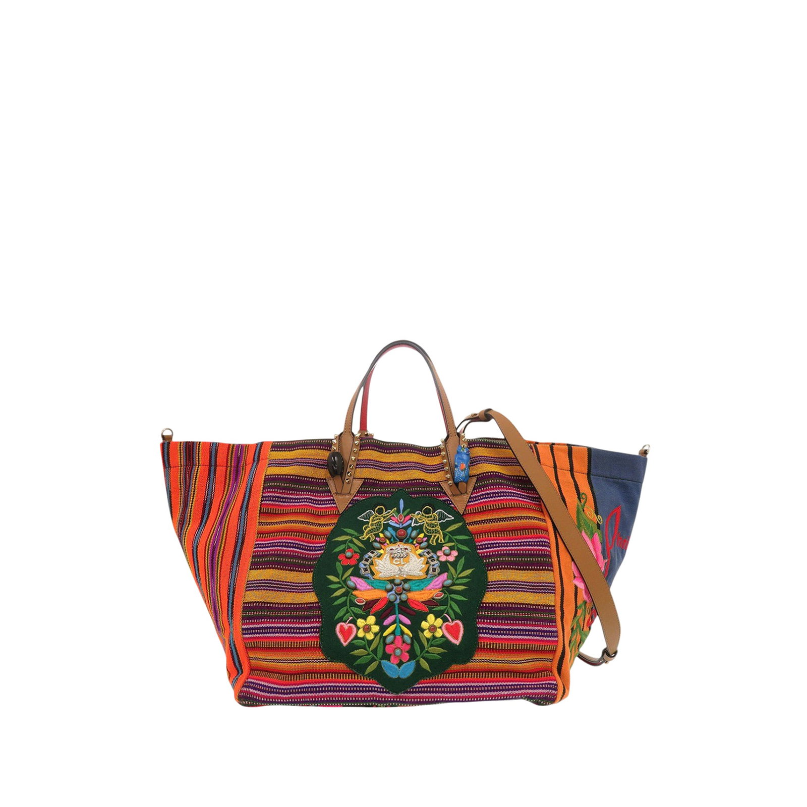 Christian Louboutin Mexicaba embroidered canvas tote bag: Christian Louboutin Mexicaba embroidered canvas tote bag This Christian Louboutin Multicolor Embroidered Canvas Mexicaba Tote features a vibrant embroidered canvas body, complemented by flat leather h