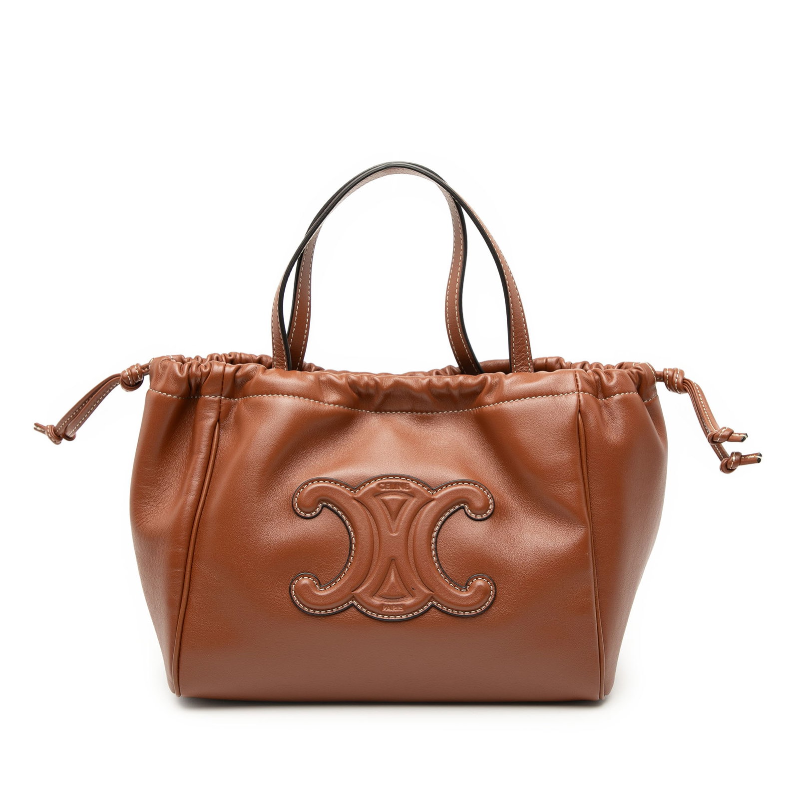 Celine Triomphe Cabas Small Leather Drawstring Satchel Bag: Celine Triomphe Cabas Small Leather Drawstring Satchel Bag This Celine Small Calfskin Cuir Triomphe Cabas Drawstring Satchel features a brown leather body, flat leather handles, an open top with a sna