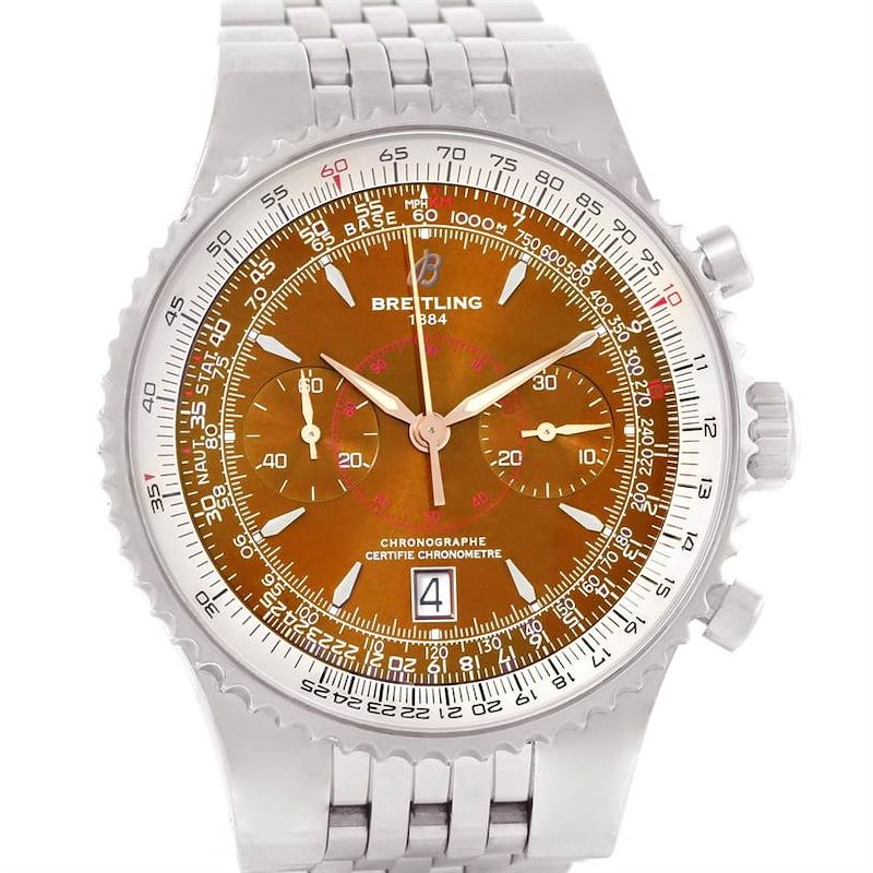Montbrilliant Bronze Face Chronograph Watch Ref A23340 47mm Stainless Steel: Montbrilliant Bronze Face Chronograph Watch Ref A23340 47mm Stainless Steel This Breitling Montbrillant features a bronze dial and stainless steel case, offering a classic and sophisticated look. With