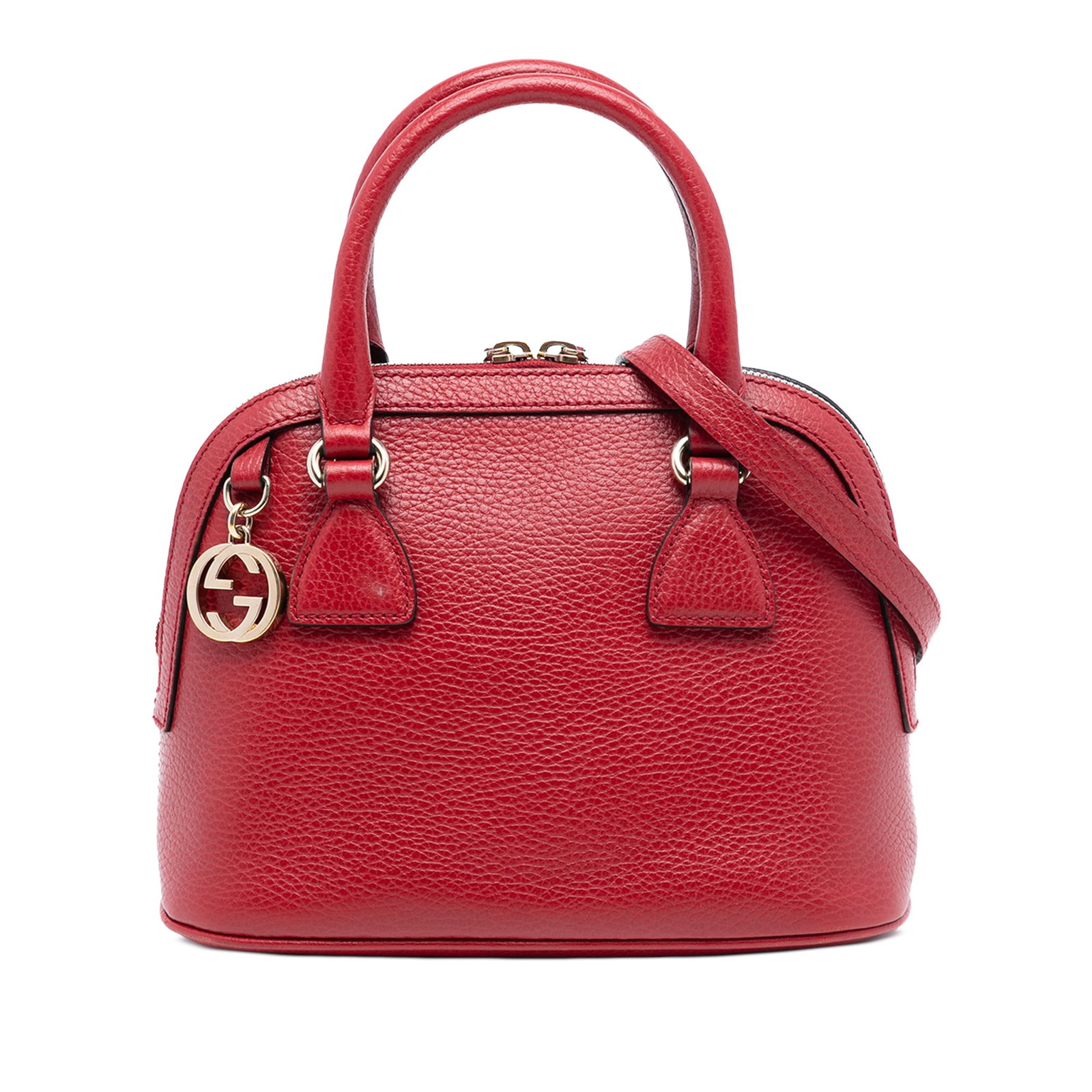 Gucci Mini Dome Satchel Red Leather with GG Charm and Strap: Gucci Mini Dome Satchel Red Leather with GG Charm and Strap This Gucci Mini Leather GG Charm Dome Satchel features a red leather body with rolled leather handles and a detachable, adjustable flat leat