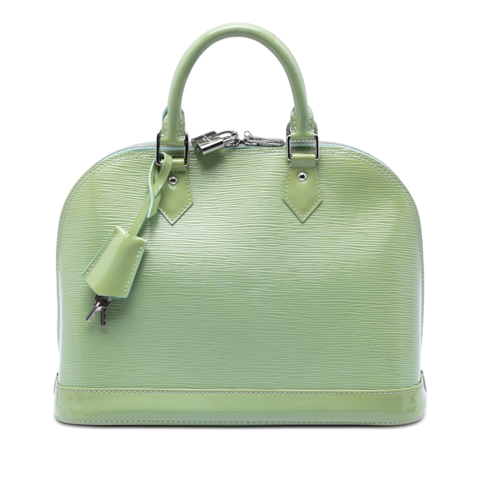 Louis Vuitton Alma PM green epi leather bag: Louis Vuitton Alma PM green epi leather bag This Louis Vuitton Electric Epi Alma PM features a distinctive electric epi leather body in green, complemented by rolled leather handles and a clochette. T