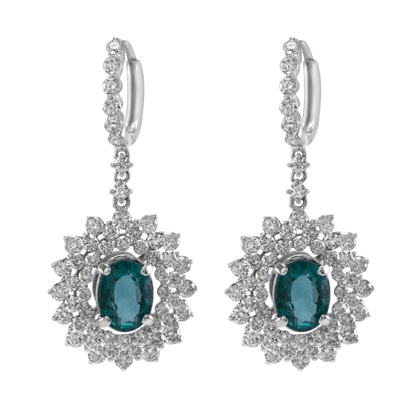 5.68ct Oval Emerald Diamond Drop Necklace 18K White Gold: 5.68ct Oval Emerald Diamond Drop Necklace 18K White Gold This stunning drop necklace features a captivating design with two natural oval emeralds, totaling 5.68 carats, elegantly complemented by 112 r