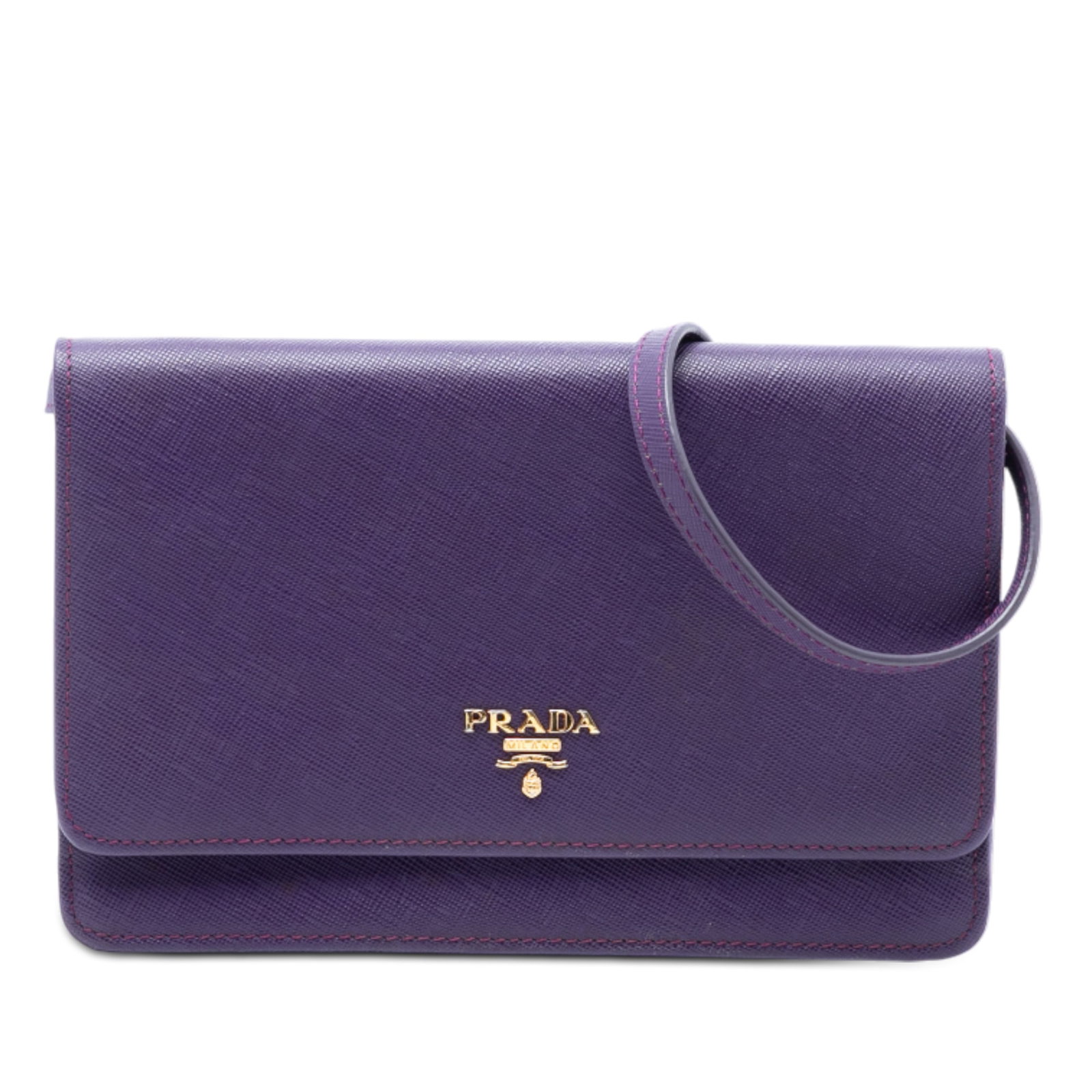 Purple Prada Saffiano Leather Long Wallet with Strap: Purple Prada Saffiano Leather Long Wallet with Strap This Prada Saffiano wallet on strap is crafted from saffiano leather in purple and features a long silhouette with a flat leather strap. It is desi