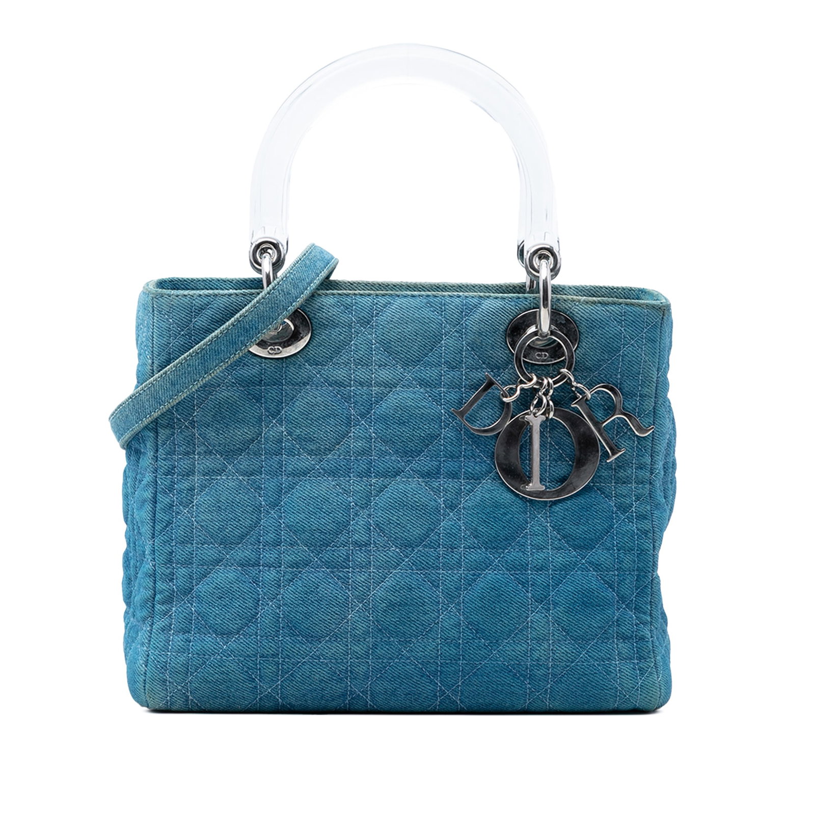 Dior Medium Denim Cannage Lady Dior Satchel: Dior Medium Denim Cannage Lady Dior Satchel This Lady Dior satchel features a quilted denim body with acrylic top handles, offering a stylish and contemporary look. It includes a detachable flat denim