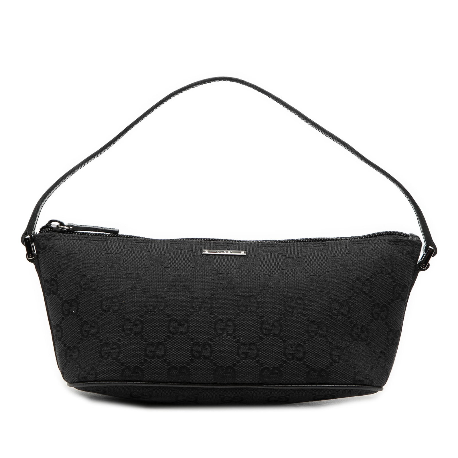 Gucci GG Canvas Black Shoulder Bag: Gucci GG Canvas Black Shoulder Bag This Gucci GG Canvas Boat shoulder bag features a canvas body with leather trim, a flat leather strap, and a top zip closure. The bag is crafted in Italy and comes i
