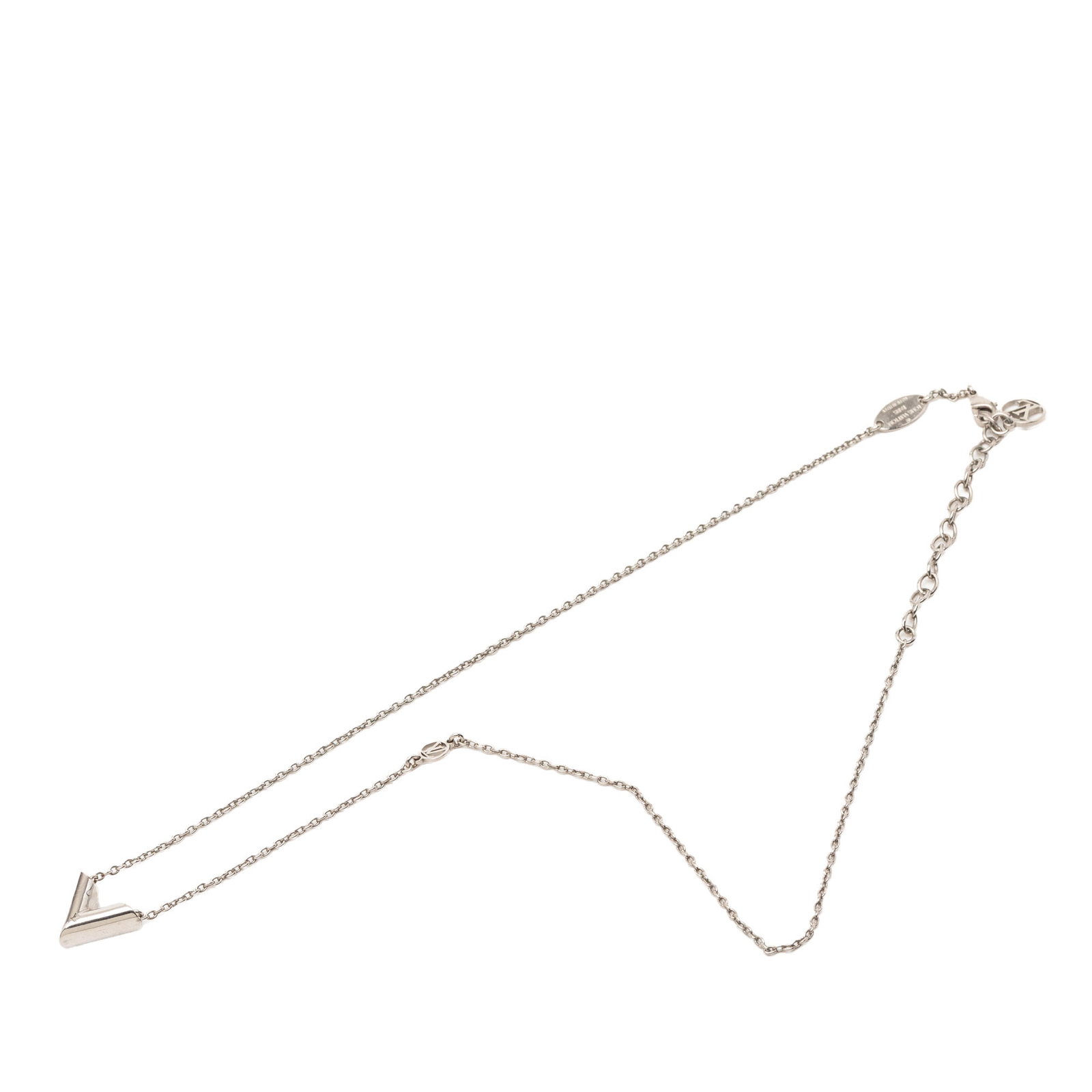 Louis Vuitton Silver Tone V Pendant Necklace Brass: Louis Vuitton Silver Tone V Pendant Necklace Brass This Louis Vuitton Essential V Supple Necklace features a silver-tone metal body with a distinctive V-shaped pendant and a lobster clasp closure. The