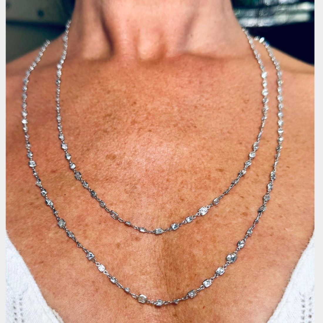 27 Ct Diamond by the Yard Necklace in Platinum 52 Inches: 27 Ct Diamond by the Yard Necklace in Platinum 52 Inches This exquisite Platinum Diamond by the Yard Necklace features a stunning total of 27.00 carats of dazzling princess-cut diamonds. Set with 167 