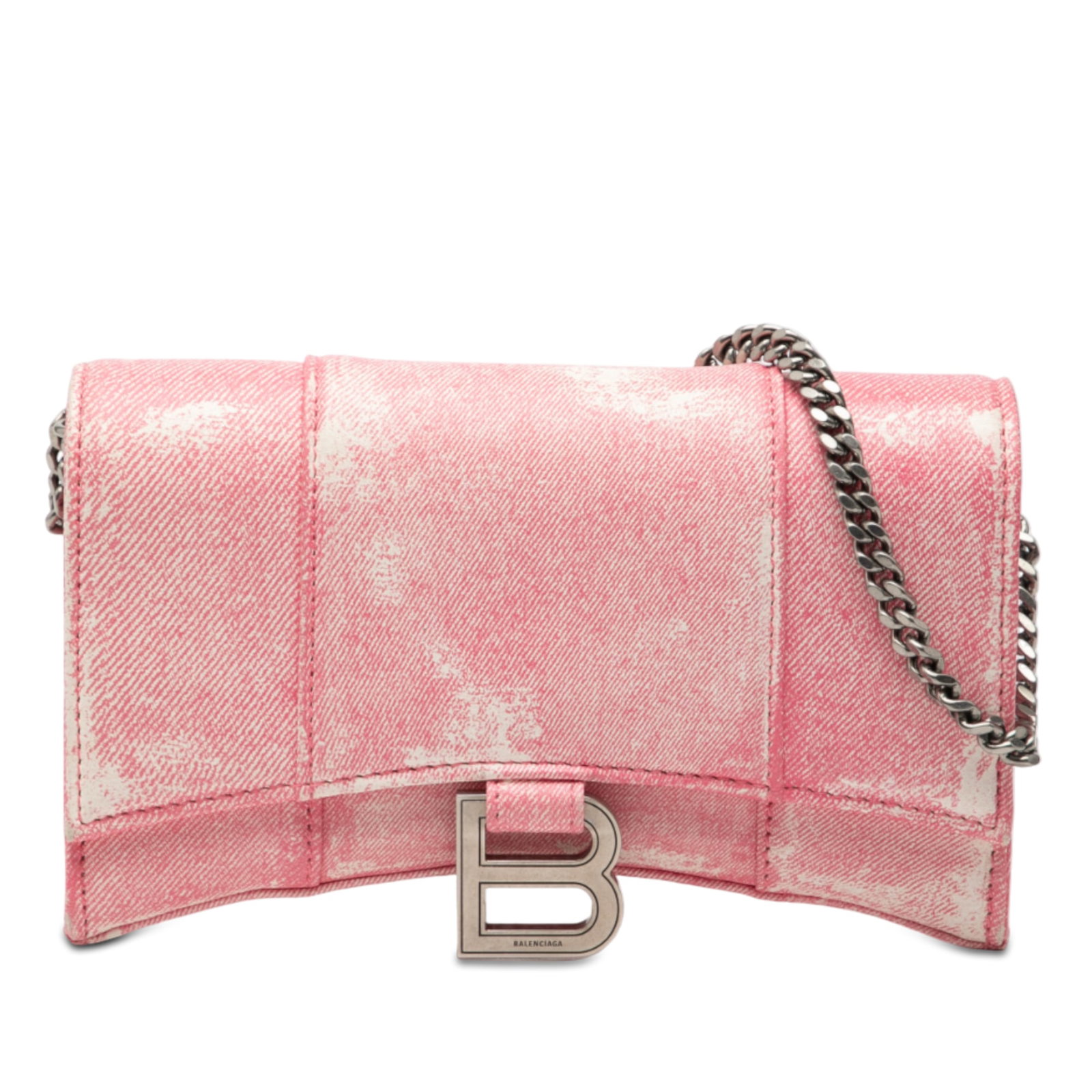 Balenciaga Hourglass Pink Printed Leather Chain Wallet: Balenciaga Hourglass Pink Printed Leather Chain Wallet This Balenciaga Hourglass wallet on chain features a printed leather body in pink, complemented by a chain link strap and a front flap with magne