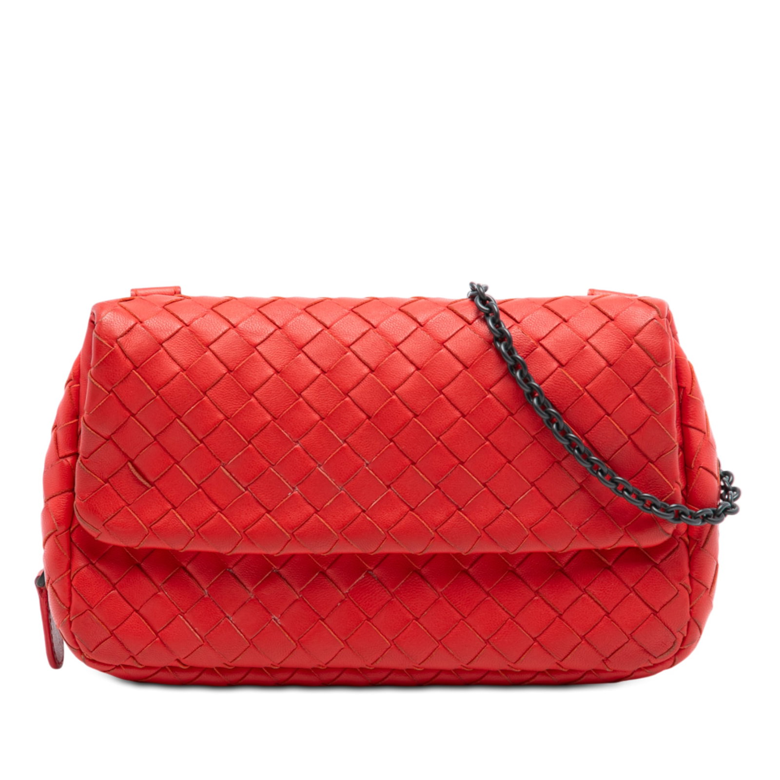 Bottega Veneta Mini Intrecciato Red Leather Expandable Chain Crossbody Bag: Bottega Veneta Mini Intrecciato Red Leather Expandable Chain Crossbody Bag This crossbody bag features Bottega Veneta's signature woven nappa leather design, complemented by a chain link strap and a f