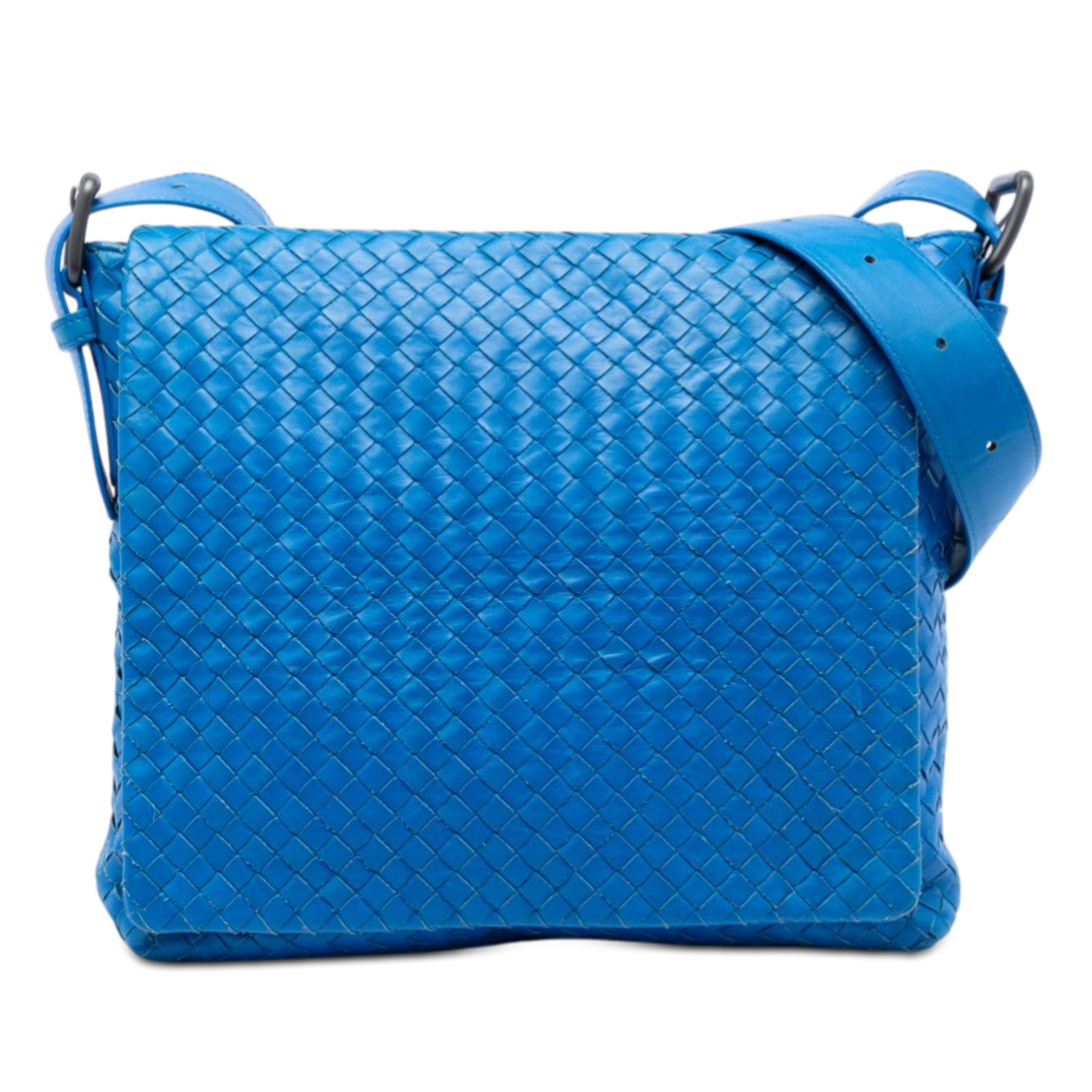 Bottega Veneta Blue Nappa Leather Intrecciato Woven Flap Shoulder Bag: Bottega Veneta Blue Nappa Leather Intrecciato Woven Flap Shoulder Bag This Bottega Veneta Nappa Intrecciato Flap Crossbody bag features a woven nappa leather exterior in blue, with an adjustable flat 