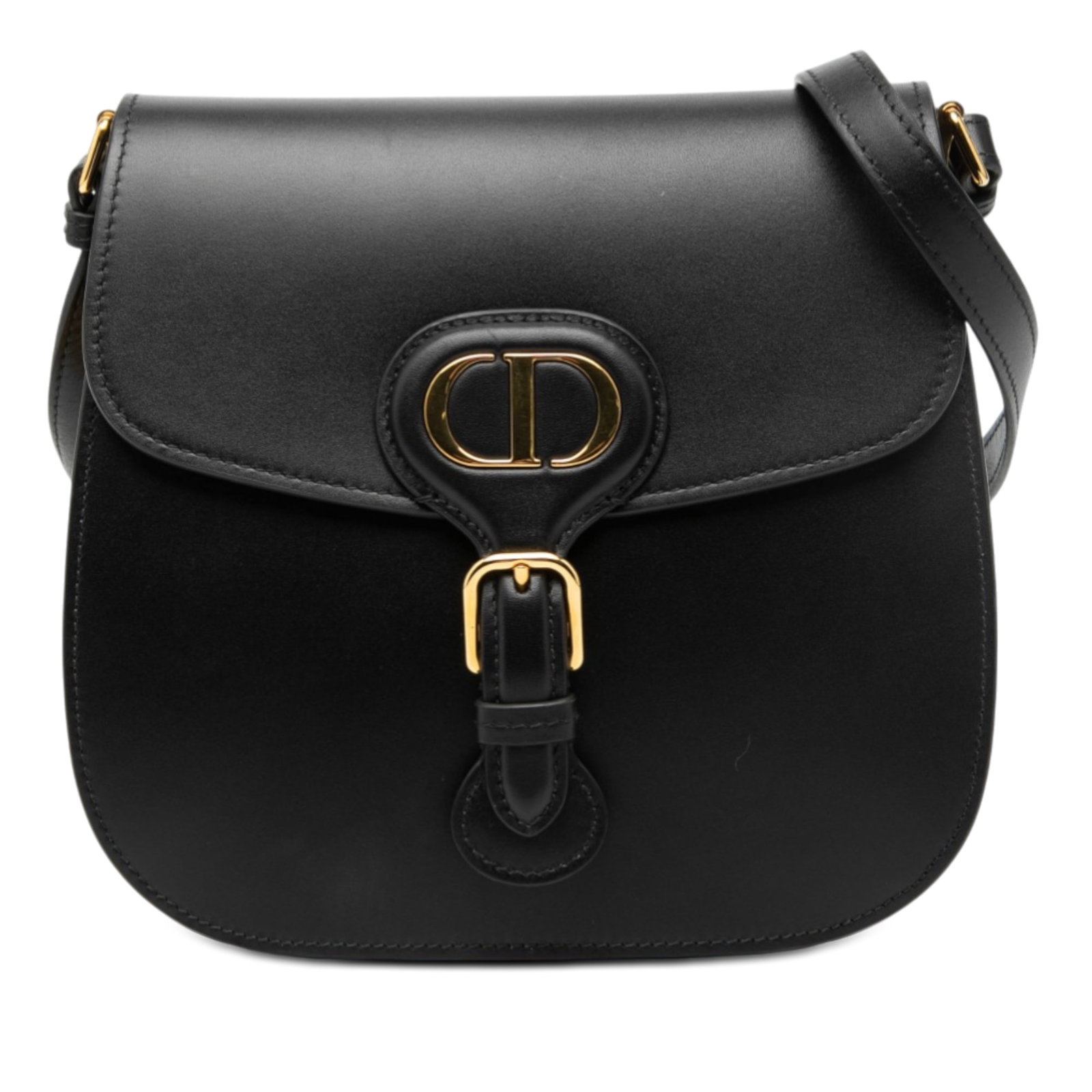 Dior black leather Bobby crossbody bag medium frame flap: Dior black leather Bobby crossbody bag medium frame flap This Dior Medium Calfskin Bobby Frame Flap crossbody bag is crafted from black leather and features an adjustable flat strap, a front flap with