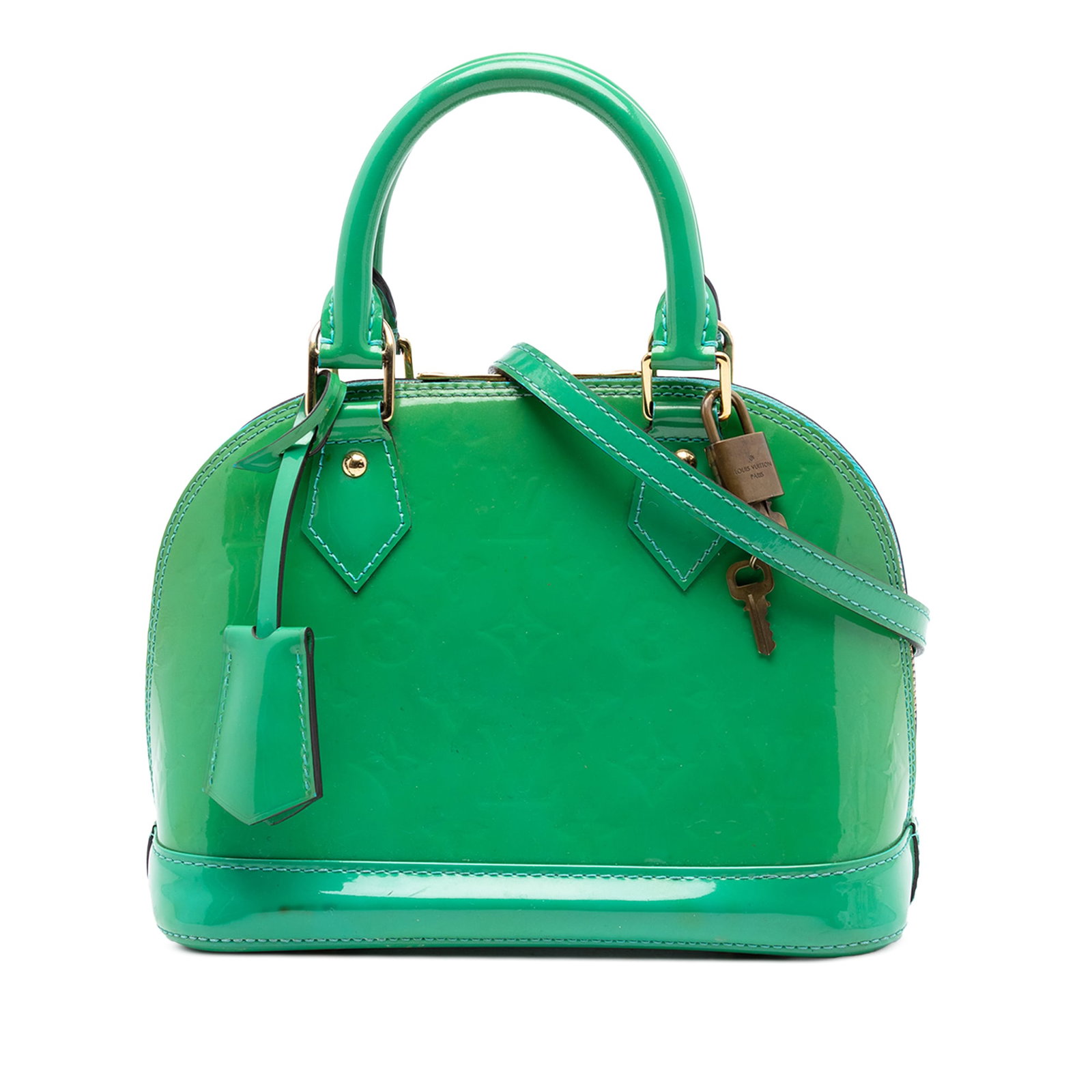 Louis Vuitton Alma BB Vernis leather green handbag: Louis Vuitton Alma BB Vernis leather green handbag This Louis Vuitton Monogram Vernis Alma BB handbag features a glossy monogram vernis leather body in green, rolled top handles, a detachable flat lea
