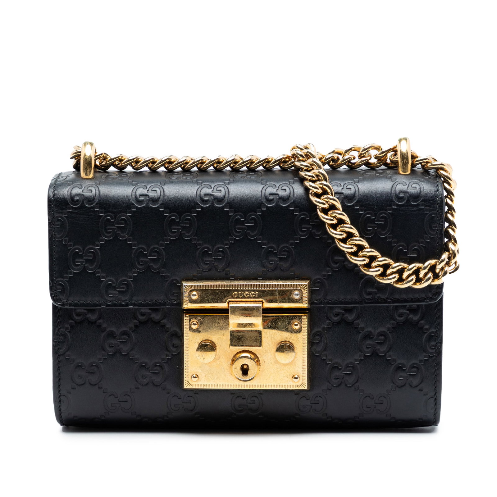 Gucci Guccissima Padlock black leather crossbody bag: Gucci Guccissima Padlock black leather crossbody bag This Gucci Small Guccissima Padlock Crossbody bag features an embossed leather body in black, complemented by a chain link strap and a front flap w