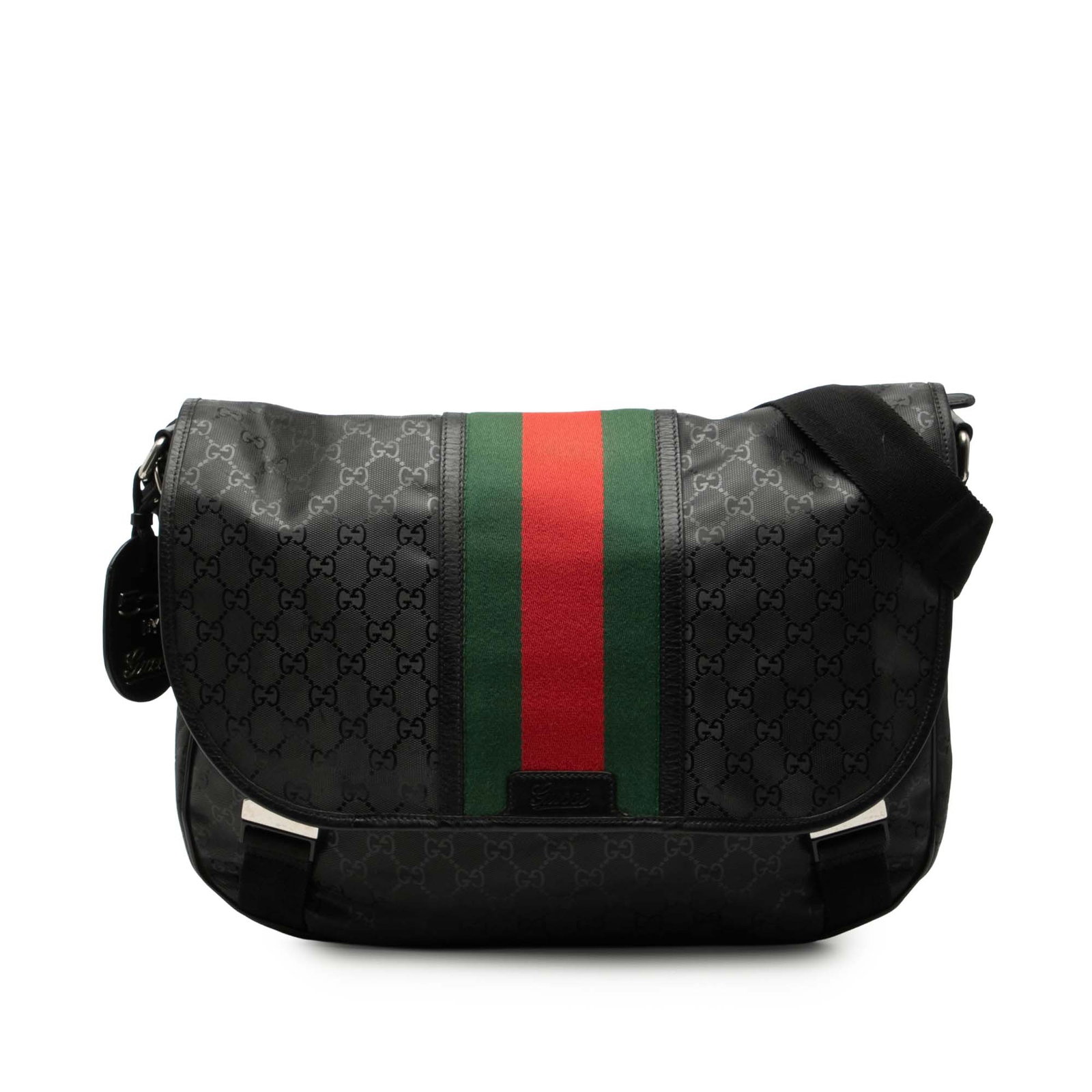 Black Coated Canvas GG Imprime Web Crossbody Bag by Gucci: Black Coated Canvas GG Imprime Web Crossbody Bag by Gucci This Gucci GG Imprime Web Crossbody bag features a coated canvas exterior with leather trim, an adjustable flat strap, a top flap with dual bu