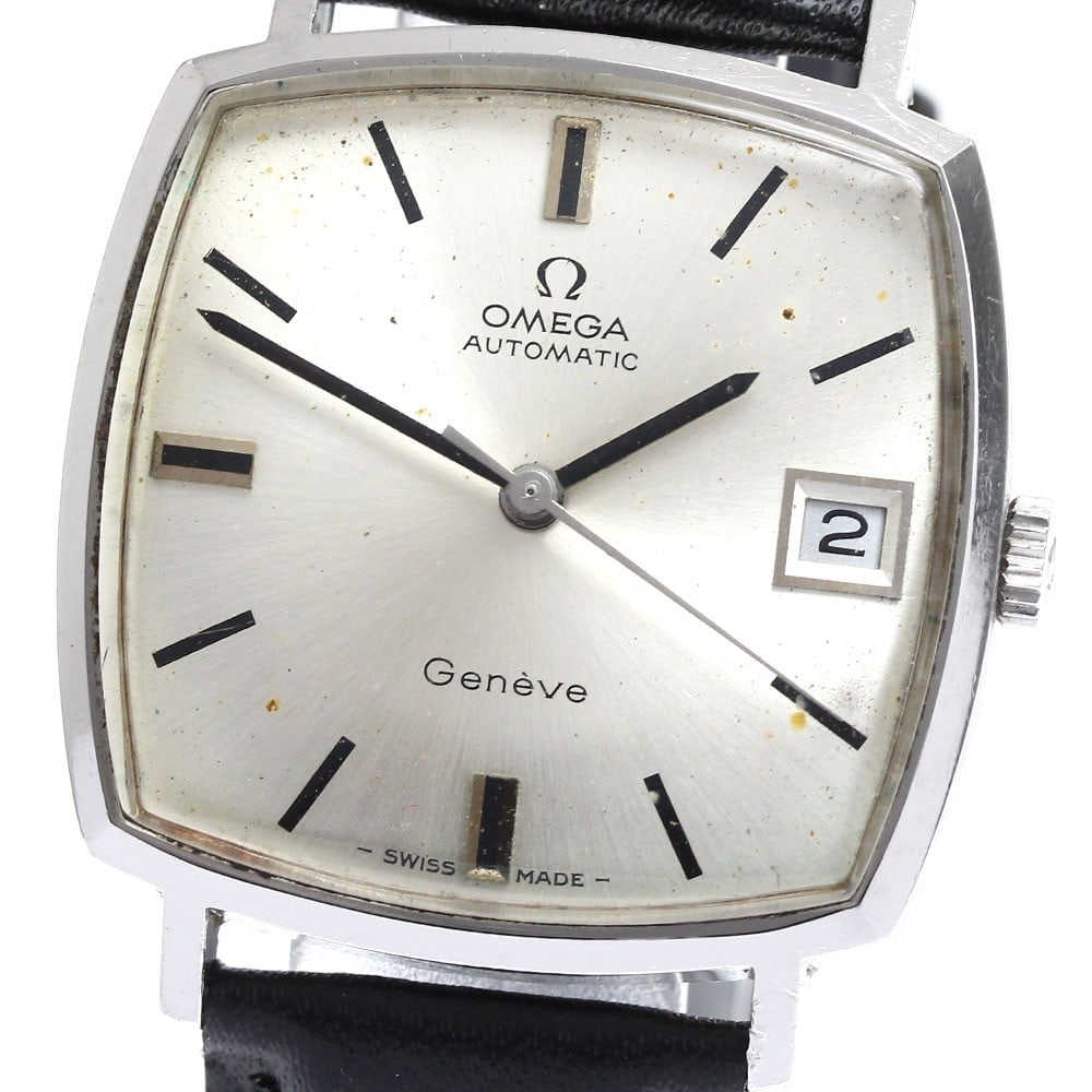 Omega Geneva 162.010 Automatic Date Mens Wristwatch 32mm Leather Band: Omega Geneva 162.010 Automatic Date Mens Wristwatch 32mm Leather Band This OMEGA Geneva Date Square men's wristwatch features a stainless steel case paired with a leather band and a silver dial. The t