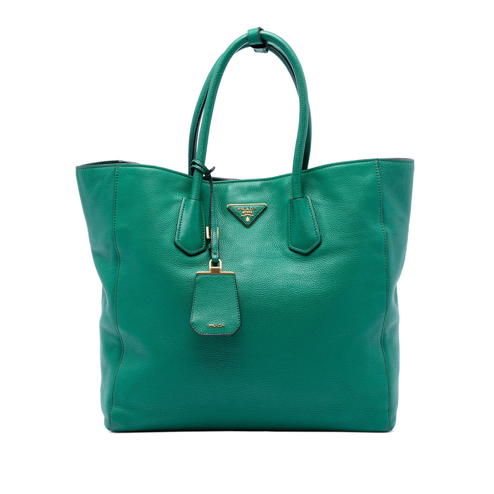 Prada Vitello Daino Green Leather Convertible Satchel with Detachable Strap: Prada Vitello Daino Green Leather Convertible Satchel with Detachable Strap This Prada Vitello Daino Open Convertible Tote is crafted from calf leather and features rolled handles, a detachable and ad