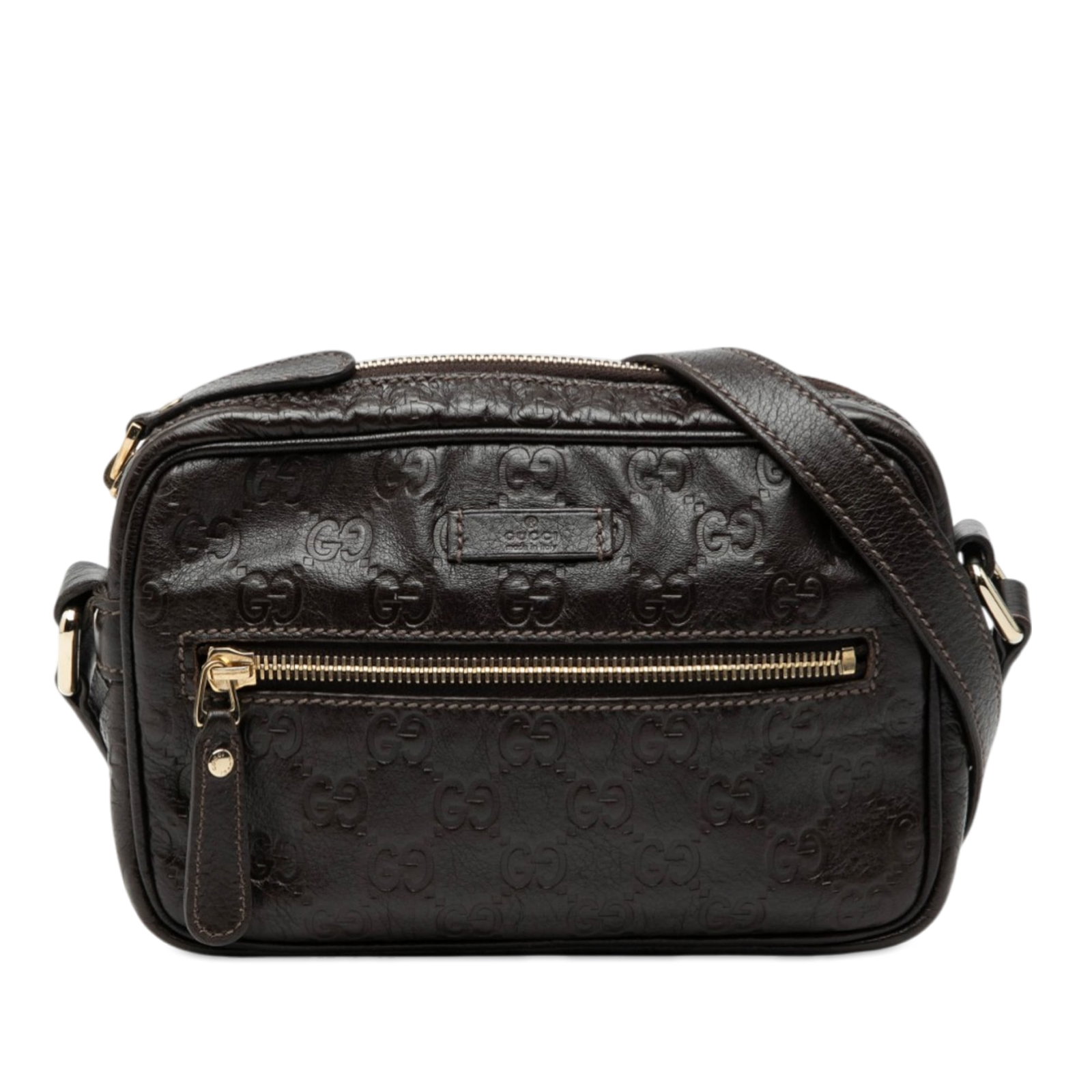 Gucci Guccissima Leather Brown Crossbody Bag: Gucci Guccissima Leather Brown Crossbody Bag This Guccissima Crossbody bag is crafted from brown leather and features a front exterior zip pocket, an adjustable flat leather strap, a top zip closure, 