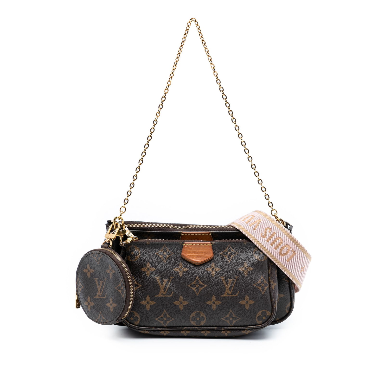 Louis Vuitton Multi Pochette Brown Monogram Canvas Shoulder Bag Set: Louis Vuitton Multi Pochette Brown Monogram Canvas Shoulder Bag Set This Louis Vuitton Monogram Multi Pochette Accessoires features a monogram canvas body with both a detachable chain link strap and a