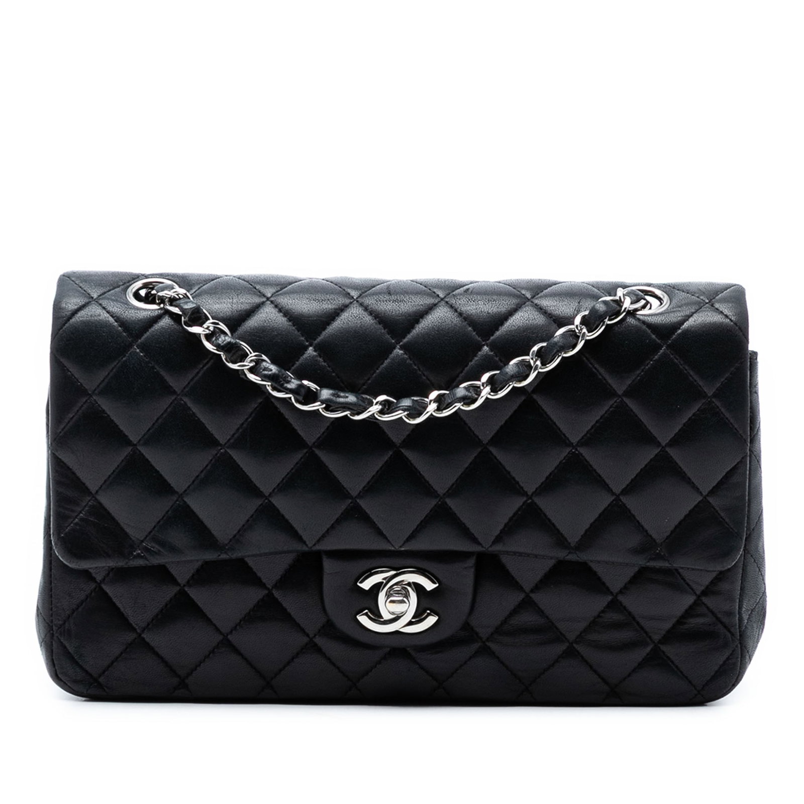 Chanel Classic Lambskin Flap Shoulder Bag Black Medium: Chanel Classic Lambskin Flap Shoulder Bag Black Medium This Chanel Medium Classic Lambskin Double Flap shoulder bag features a quilted lambskin leather body in black, a back exterior slip pocket, leat