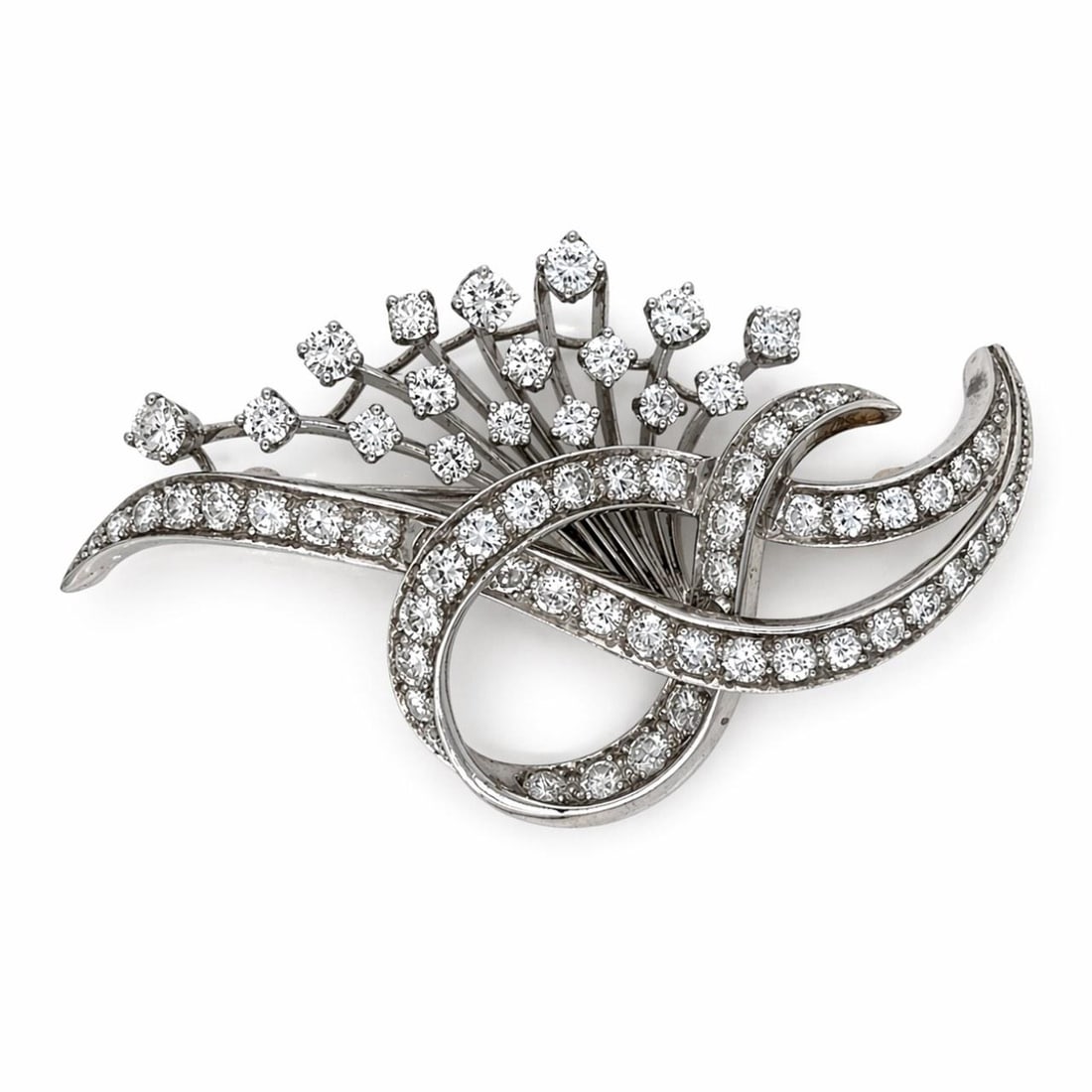 Platinum Art Deco Brooch with 4.20 Carat Diamonds: Platinum Art Deco Brooch with 4.20 Carat Diamonds This Art Deco brooch is crafted in platinum and features approximately 4.20 carats of diamonds with G-H color and VVS-VS clarity. The brooch has a tot